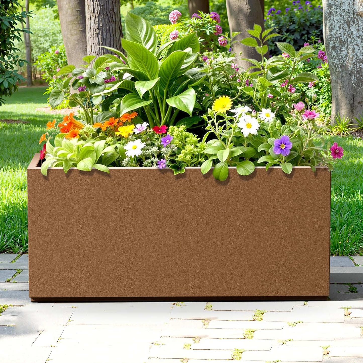 Rectangle Planter for Indoor & Outdoor, Tall and Long Planter Boxes with Drainage Holes, Mental Planter Box All-Weather Use for Plants, Flowers, 38" L x 15" W x 16.3" H, Brown