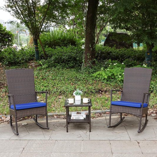 Rocking Chair Outdoor 3 Pieces High-Backed Patio Rocking Chairs Bistro Table and Chairs Set of 2, Royal Blue