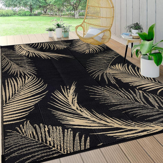 Pauwer Waterproof Outdoor Rug 6x9, Reversible Plastic Straw Patio Camping Rug, Indoor Outdoor RV Mat Carpet for Deck, Camper, Porch, Balcony, Backyard, Picnic, Leaf Black Brown
