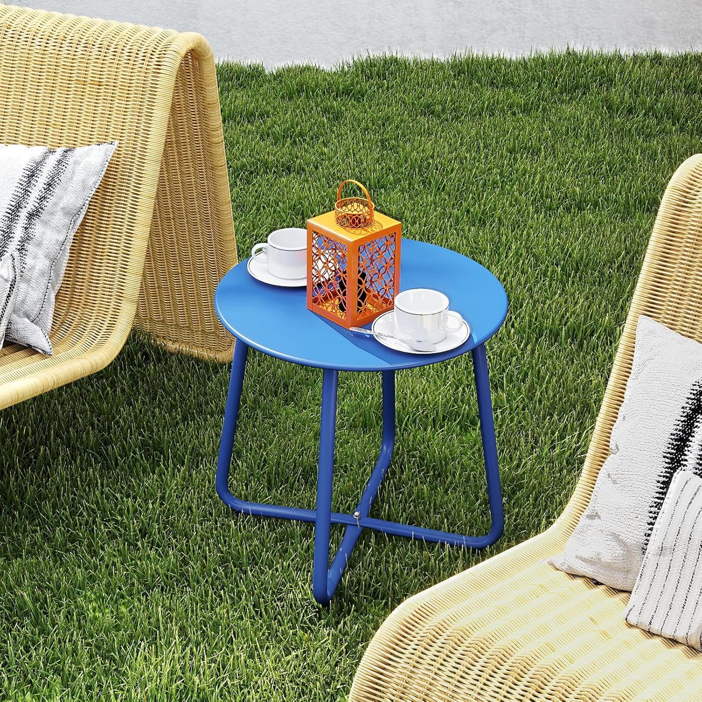 HollyHOME Round Metal Side Table, Rust-Resistant Patio Small Plant Stand, Outdoor 17.32'' Portable End Table for Balconies, Gardens, Living Rooms and Bedrooms, SkyBlue
