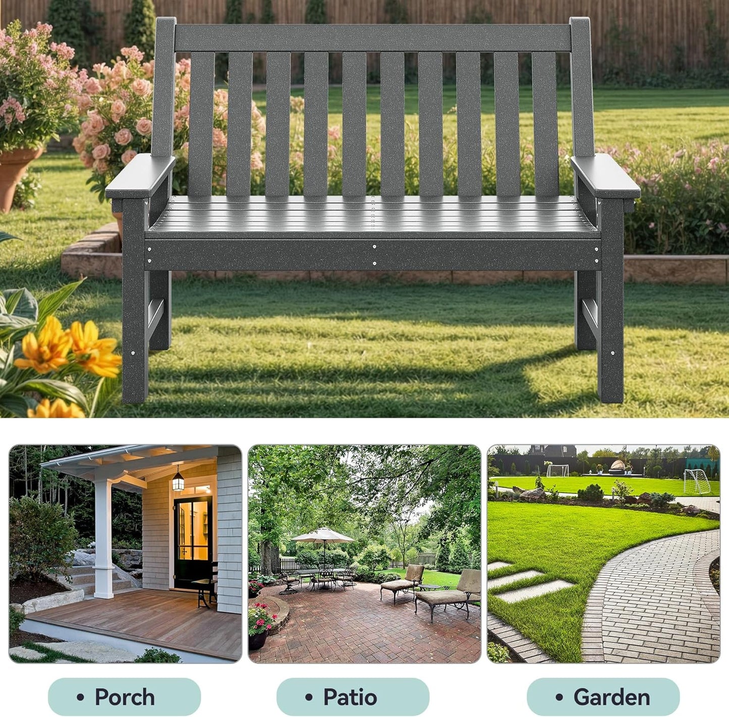 YITAHOME Garden Bench, All Weather Outdoor Bench for 2-3 Persons, Fade/Rot Resistance Patio Benches for Park, Porch, Patio & Backyard (Grey)