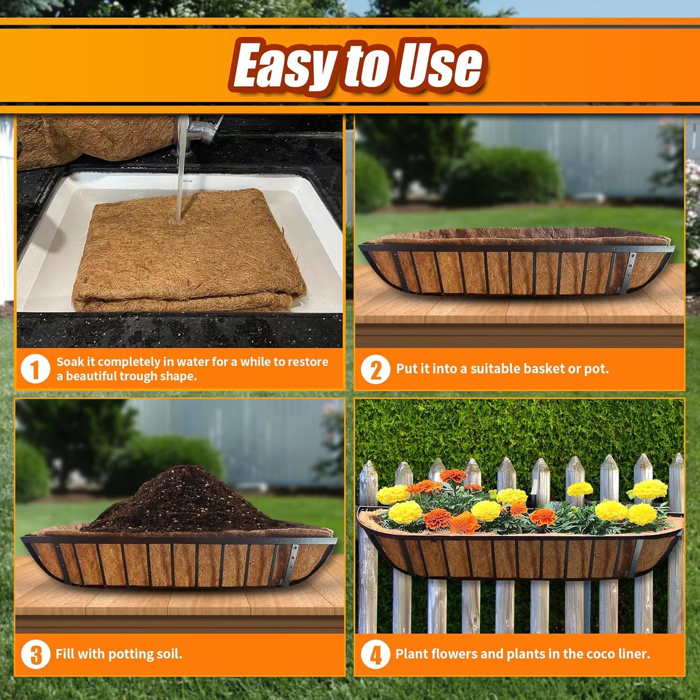 Coco Liners for Planters 30 Inch, 3 Pack Trough Window Box Liners, Coconut Fiber Liners for Planters Flower Baskets Garden Outdoor Plants