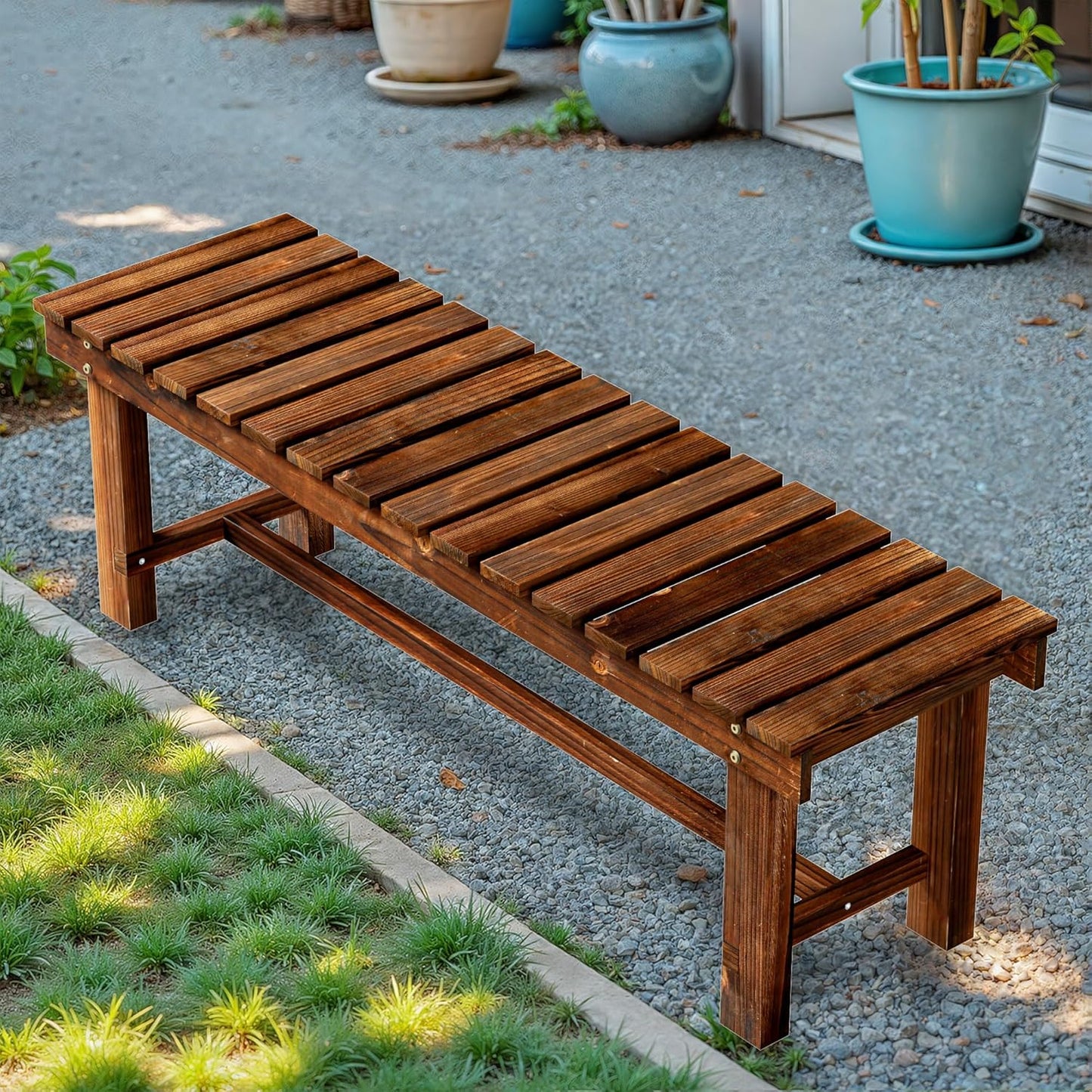 47.2" Outdoor Garden Bench, Weatherproof Patio Benches 3-Person Seat Backless Wooden Porch Bench, Multifunctional Slat All Weather Bench for Garden Lawn Porch Park Backyard (Carbonized Brown)