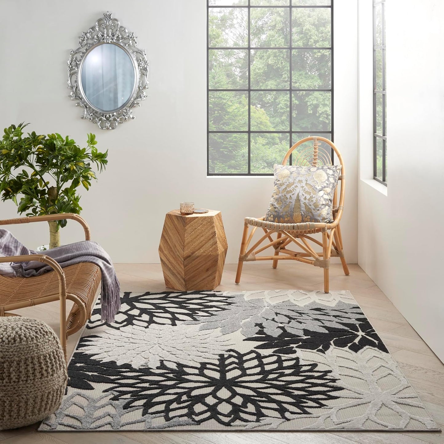 Nourison Aloha Indoor/Outdoor Black White 6' x 9' Area Rug, Tropical, Botanical, Easy Cleaning, Non Shedding, Bed Room, Living Room, Dining Room, Deck, Backyard, Patio (6x9)