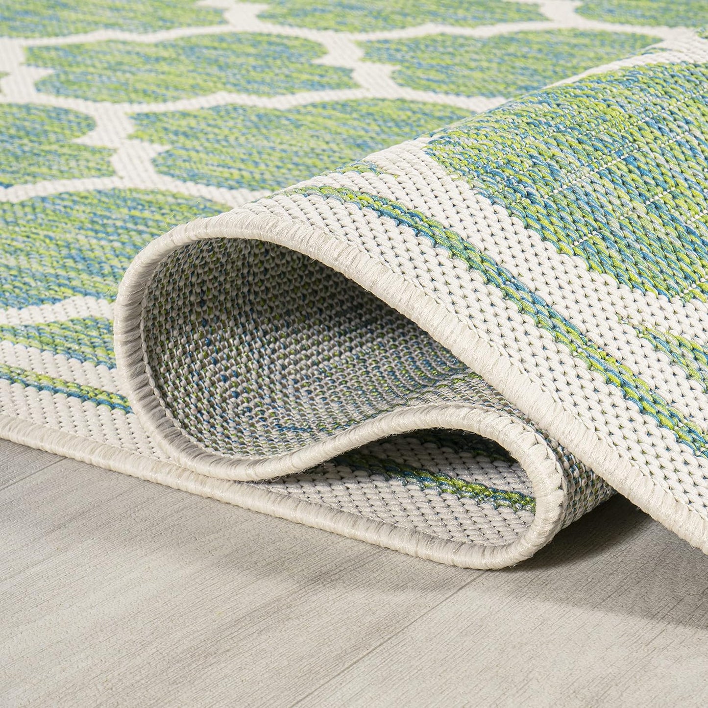 Eyely BMS109I-5R Santa Monica Trebol Moroccan Trellis Textured Weave Indoor/Outdoor Area Rug Coastal;Bohemian, Bedroom, Backyard, Patio, Easy-Cleaning, Non-Shedding, 5' Round, Cream/Green