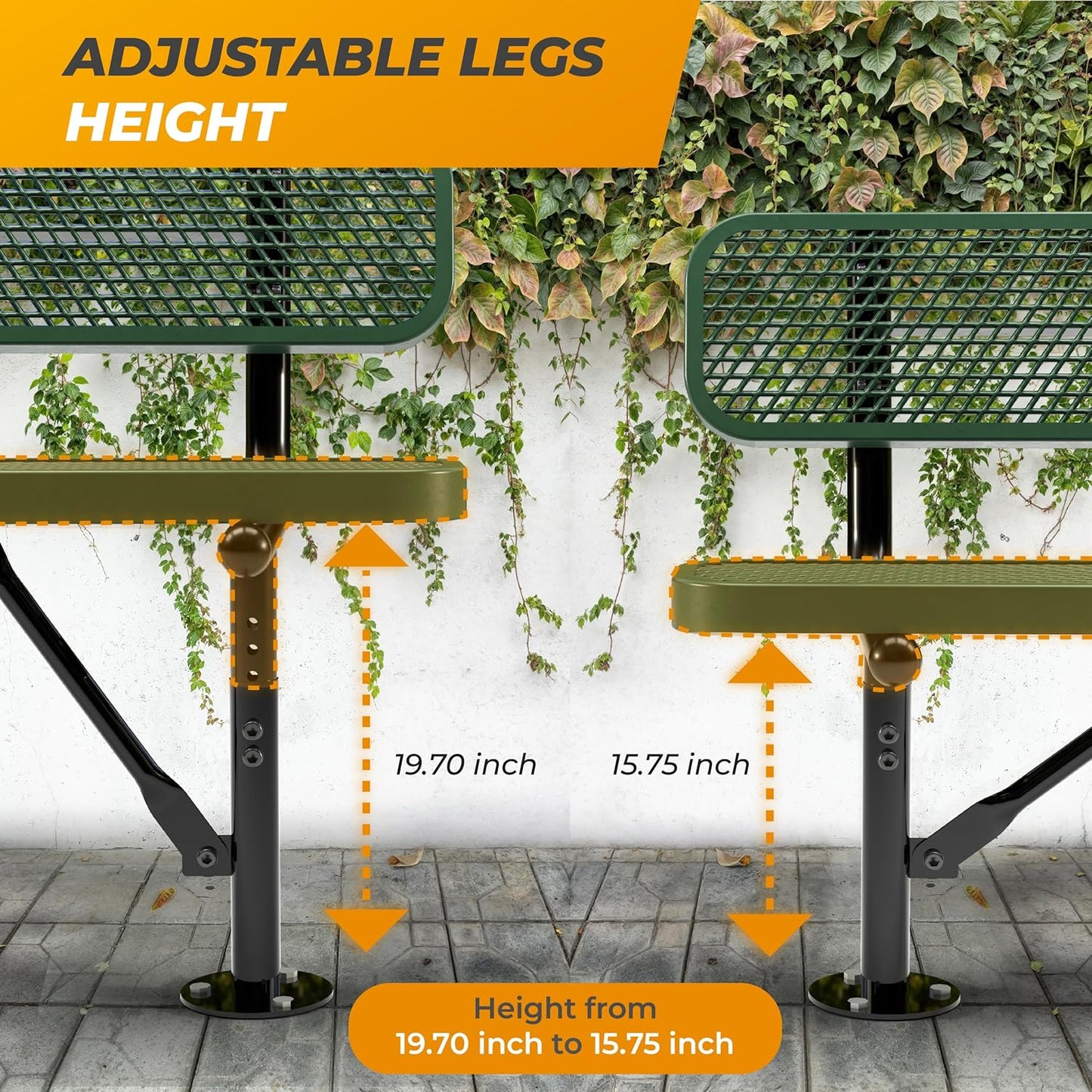 Heavy-Duty Outdoor Metal Bench, Thermoplastic-Coated, Surface, Weatherproof, Commercial-Grade for Parks, Gardens, Patios, Stores & More (8 Ft - Surface with Back, Green)