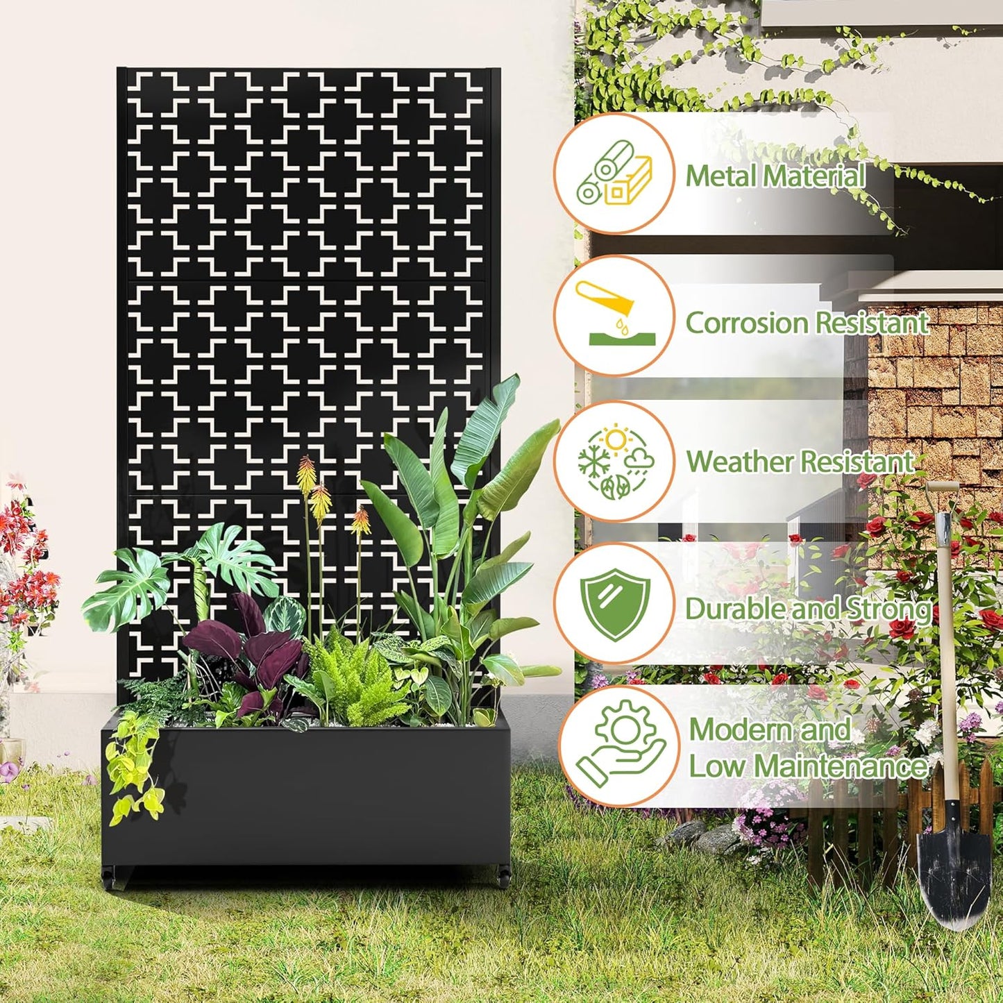 Raised Garden Bed with Trellis and Wheels,73"x35"x16" Metal Raised Garden Bed,Black Squared Metal Planter with Climbing Trellis for Vines & Vegetables