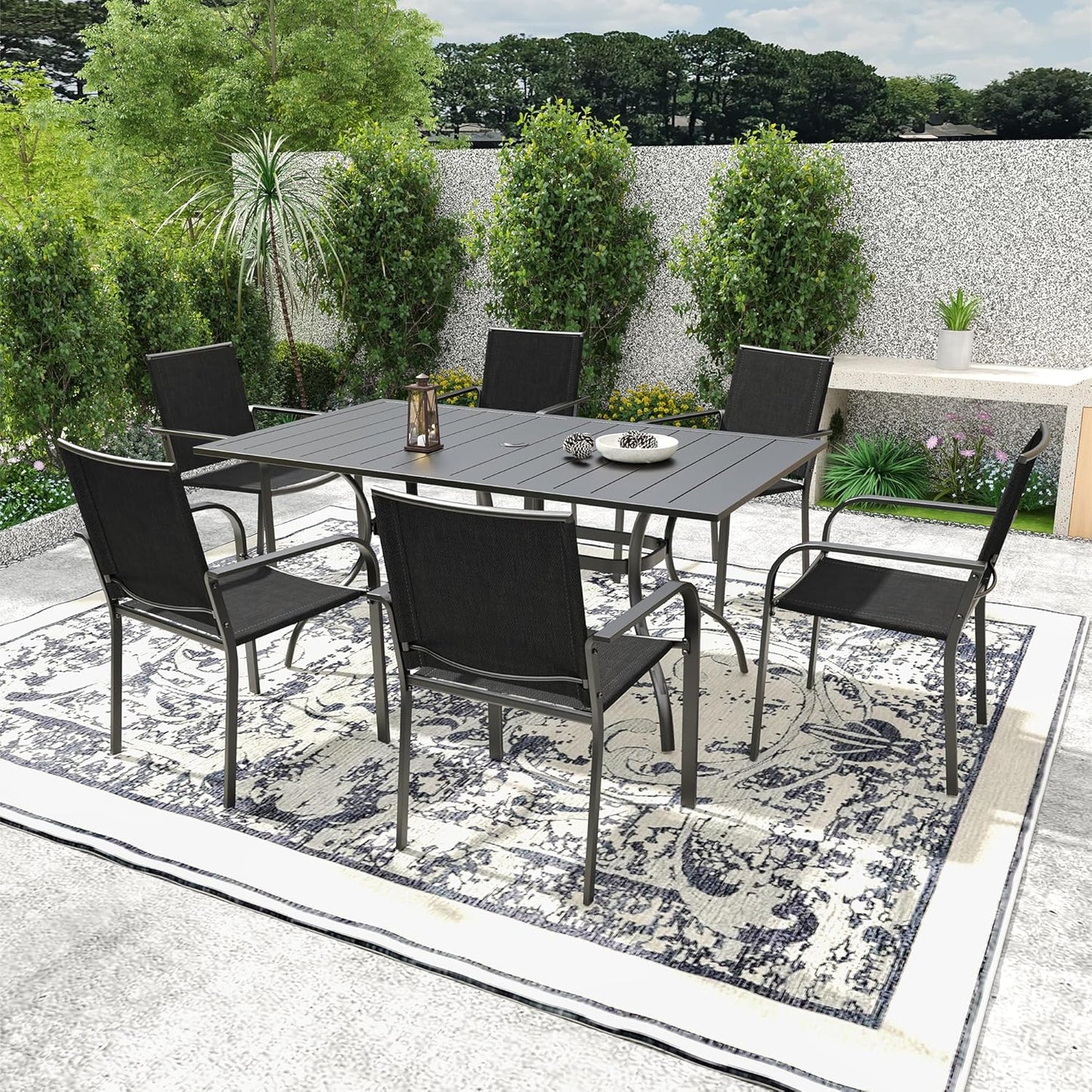 7-Piece Outdoor Patio Dining Set, 6 Stackable Patio Chairs & Rectangular Dining Table with All Weather Frame Furniture Set - Black