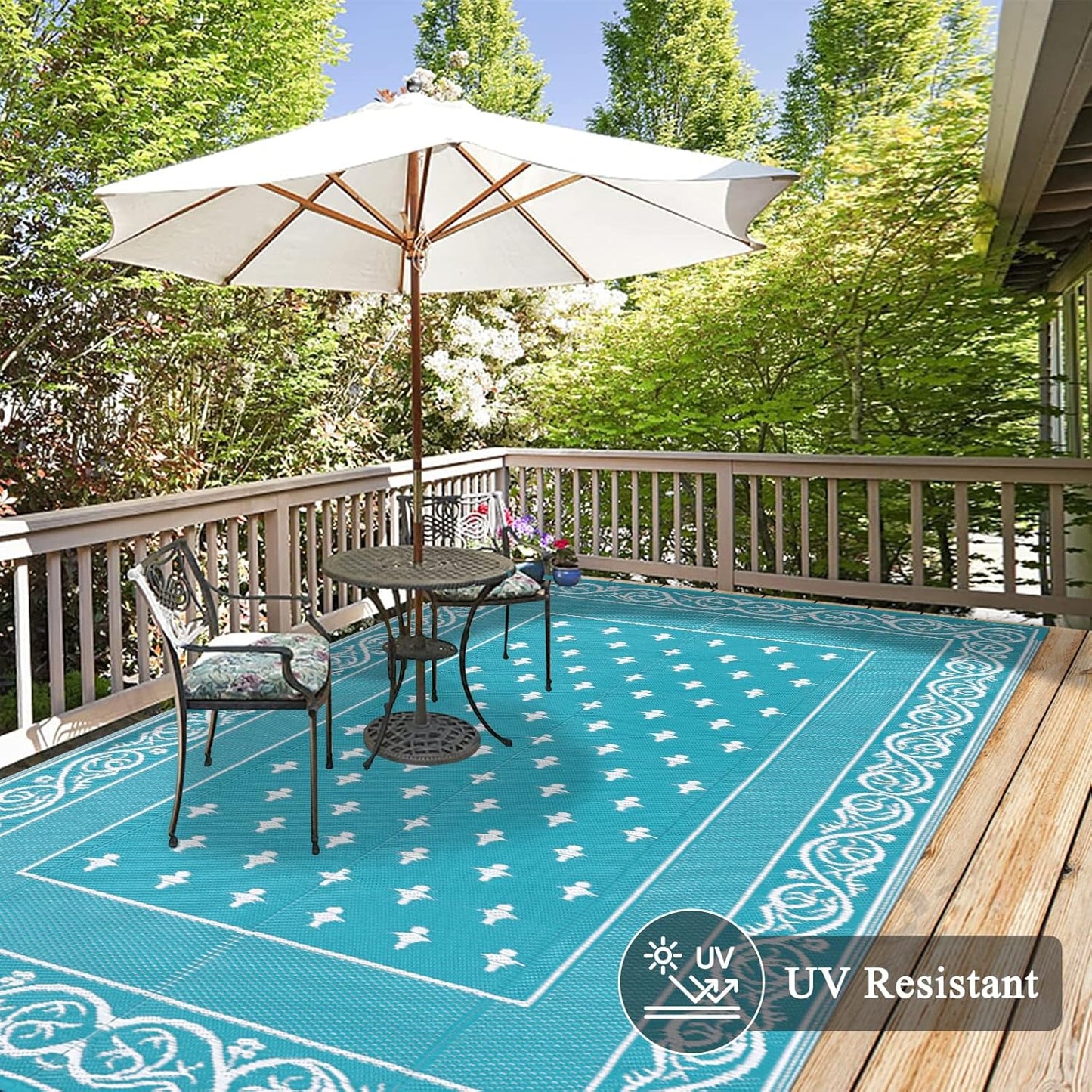 Pauwer Waterproof Outdoor Rug 6x9, Reversible Plastic Straw Patio Camping Rug, Indoor Outdoor RV Mat Carpet for Deck, Camper, Porch, Balcony, Backyard, Picnic, Bordered Teal