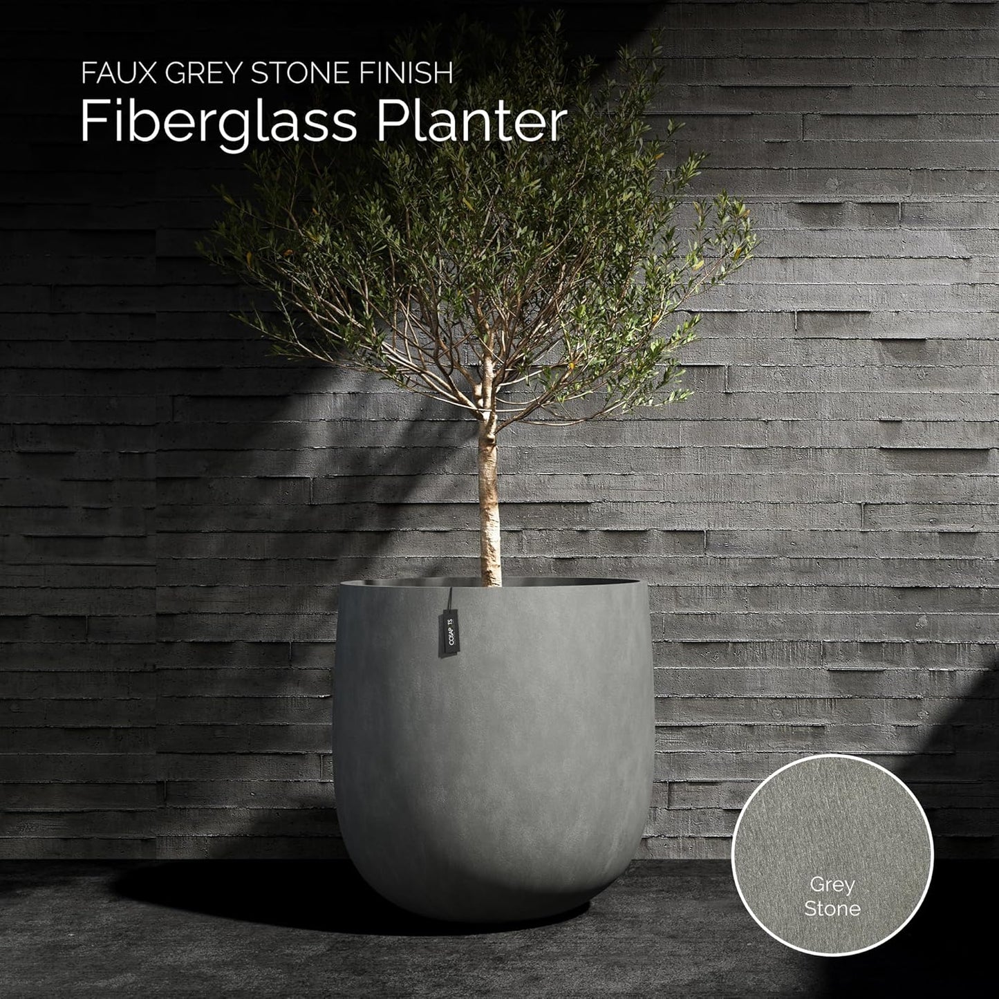 Mondo Large Planter – Grey Stone Finish – Fiberglass Indoor/Outdoor and Weather-Resistant Round Planter (19.7" D x 19.1" H Exterior, 18.5" D x 18.5" H Interior)