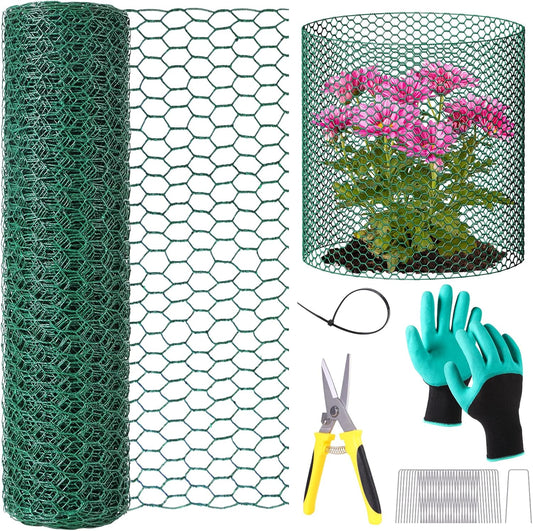 32.8ftx16In Plant Protectors from Animals,Plant Cages for Outdoor Plants,Wire Plant Protector Cage,Wire Plant Protector,Chicken Wire Cloche with Ground Stakes & Nylon Ties Protect Plants from Animals