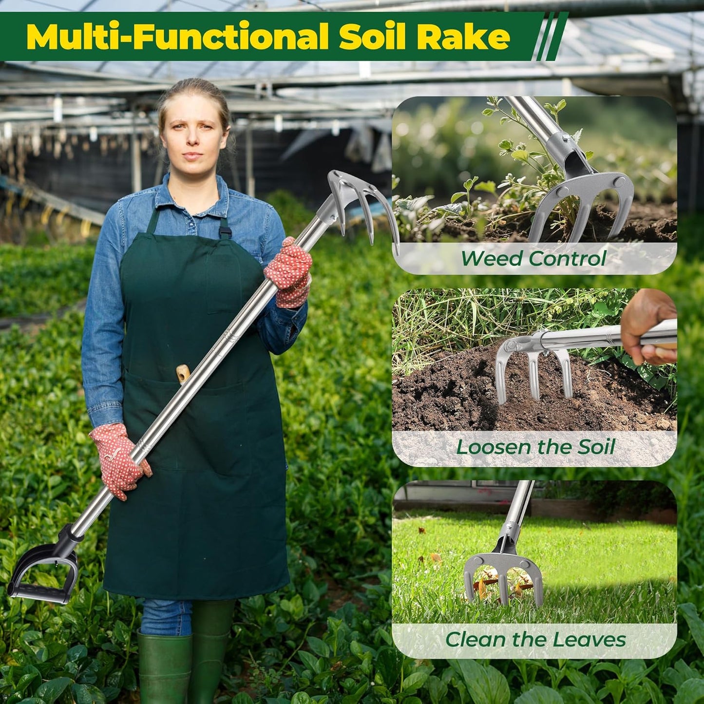 Hand Garden Rake, Adjustable Handle Heavy Duty Garden Cultivator Rake with D-Type Grip for Digging, Weeding, Loosening