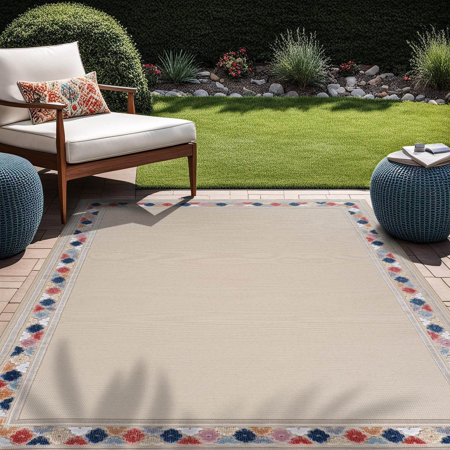 Beverly Rug Outdoor Rug 5x7 Modern Bordered Area Rugs for Indoor and Outdoor Patio Easy to Clean Non Shedding Living Room Porch Garden Washable Outside Carpet (5 x 7 Beige)