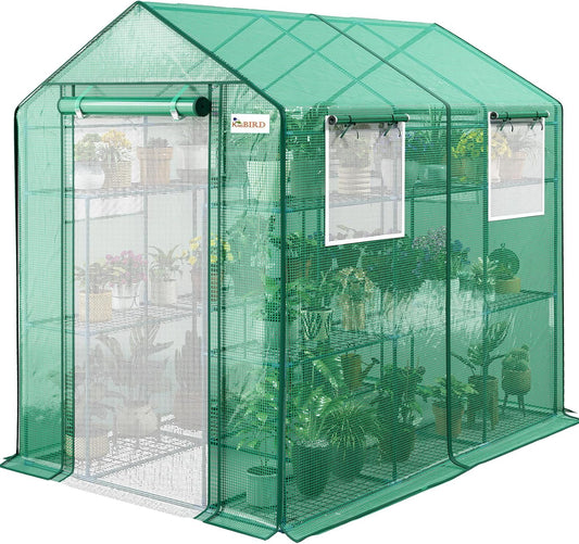 KING BIRD Premium Greenhouse for Outdoors, 84 x 56 x 77 Upgraded PE Cover & Steel Frame Walk in Hot House, w/ Zippered Screen Windows Mesh Door, 3 Tiers 20 Shelves for Outside Garden, Green