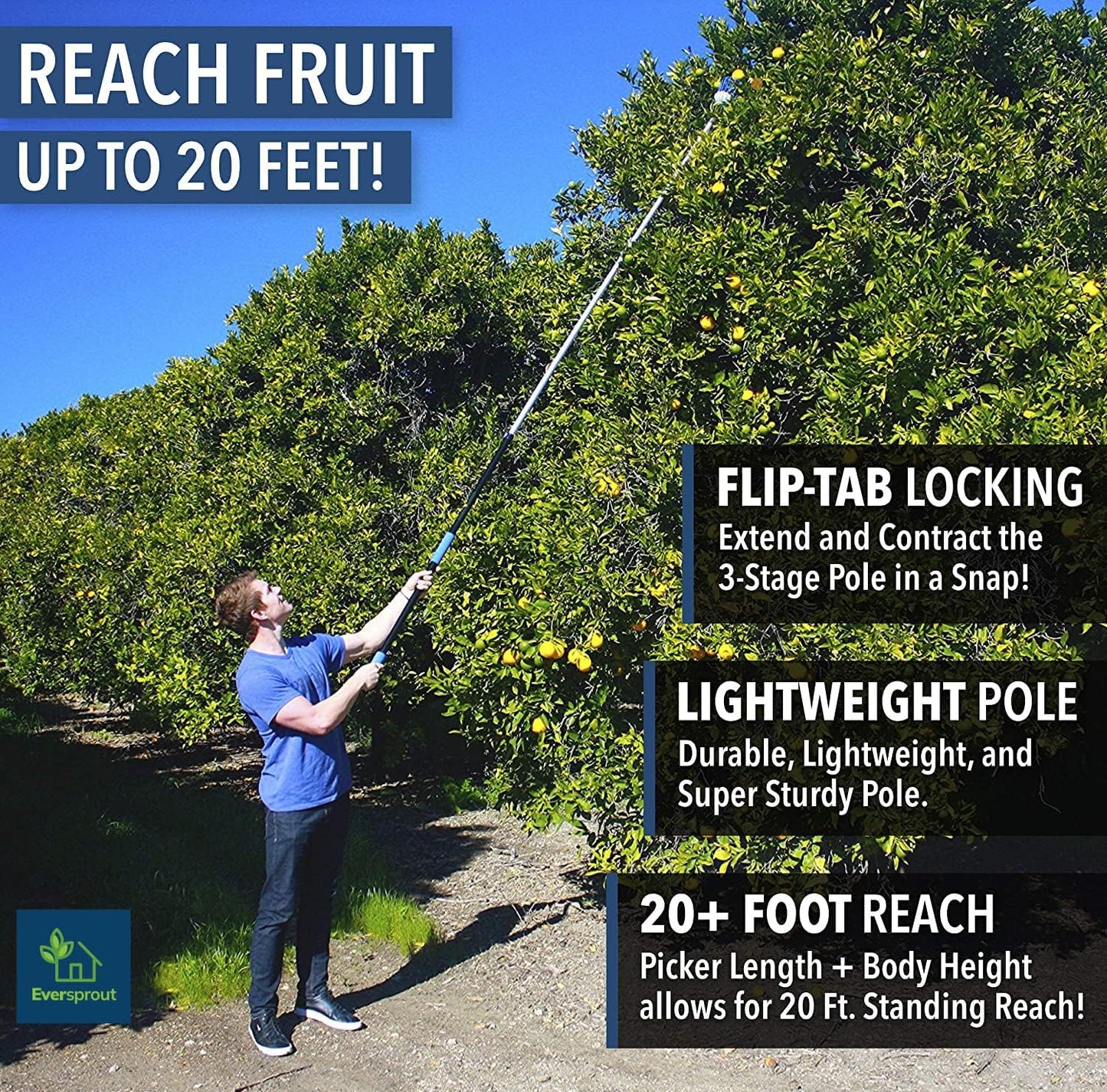 EVERSPROUT 4.5-to-12ft Durable Fruit Picker with 20+ Foot Reach – Telescoping Fruit Picker Pole, Lightweight Twist-On Fruit Picking Tool with Basket, Aluminium Extension Pole for Tree Fruit Harvesting