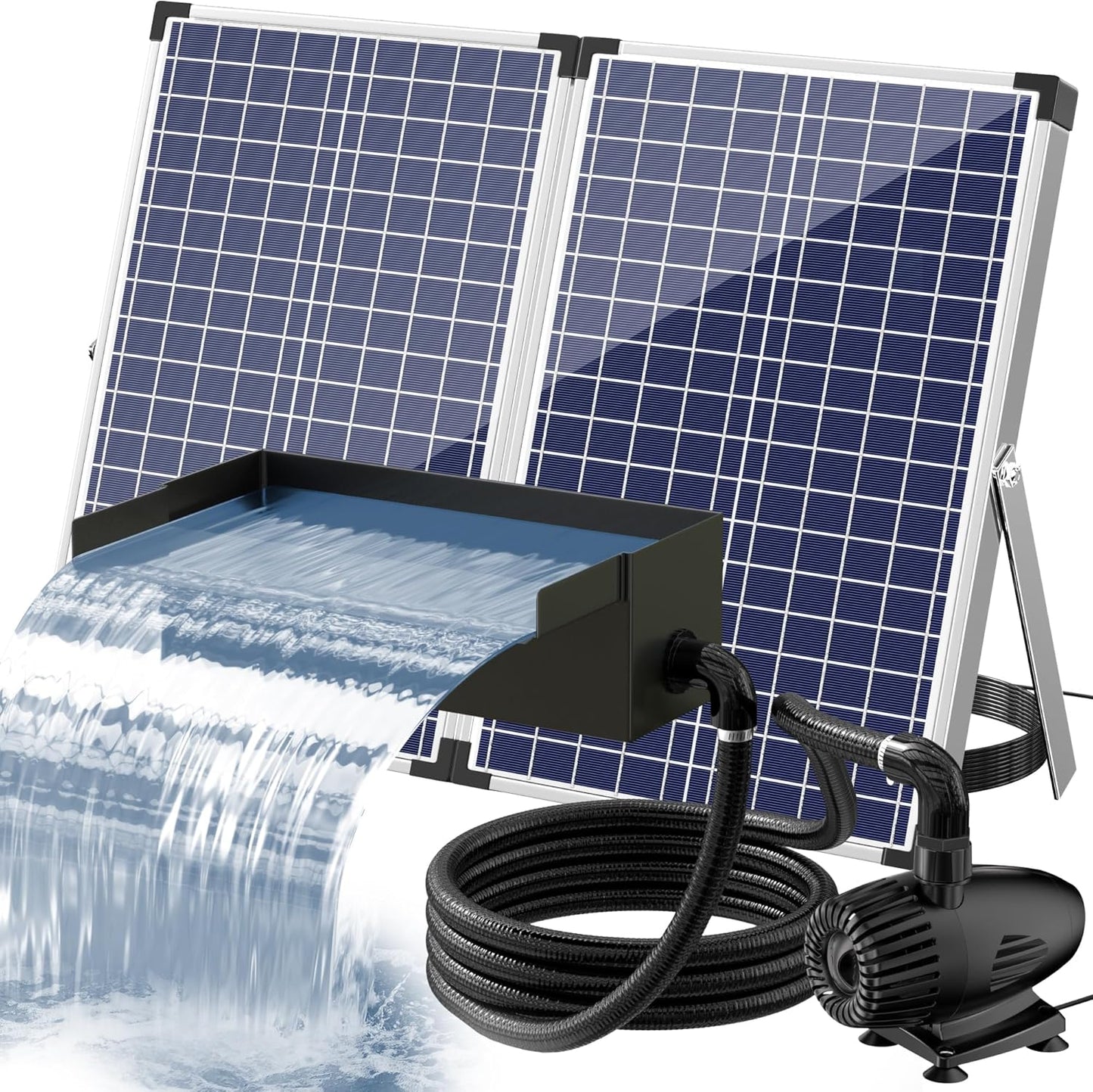 POPOSOAP 70W Solar Water Pump with Pond Waterfall Kit, 304 Stainless Steel Pond Waterfall Spillway, Pond Spillway with 9.8FT Corrugated Tubing for Garden Waterfall,Water Features-P5703