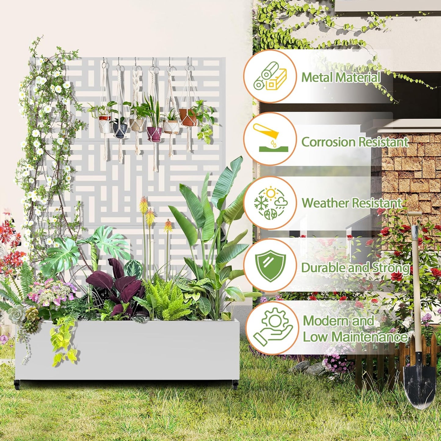 Raised Garden Bed with Trellis and Wheels,73"x47"x16" Metal Raised Garden Bed,White Modern Metal Planter with Climbing Trellis for Vines & Vegetables