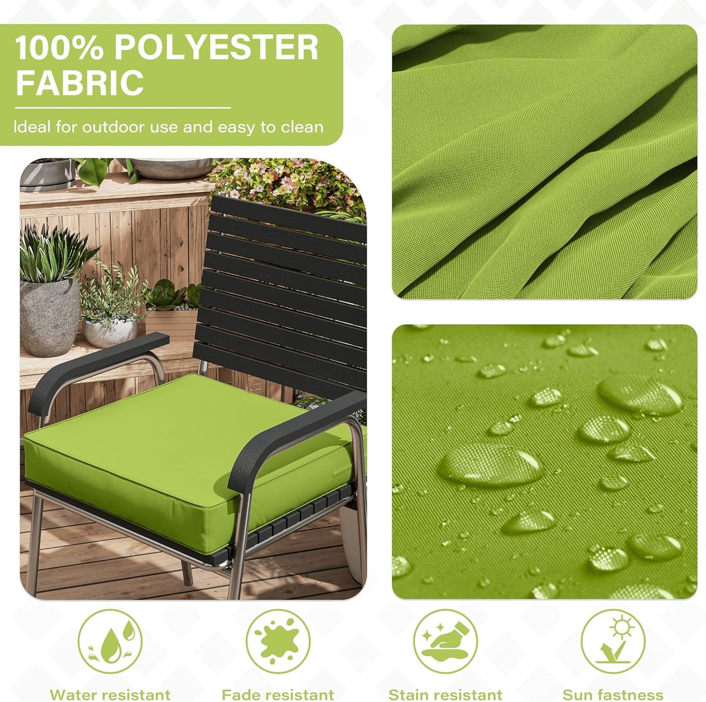 Patio Chair Cushions 22 X 22 X 4 Inch Waterproof Outdoor Seat Cushions for Patio Furniture, Outdoor Sofa Couch Pads with Ties & Handle, Set of 2, Grass Green