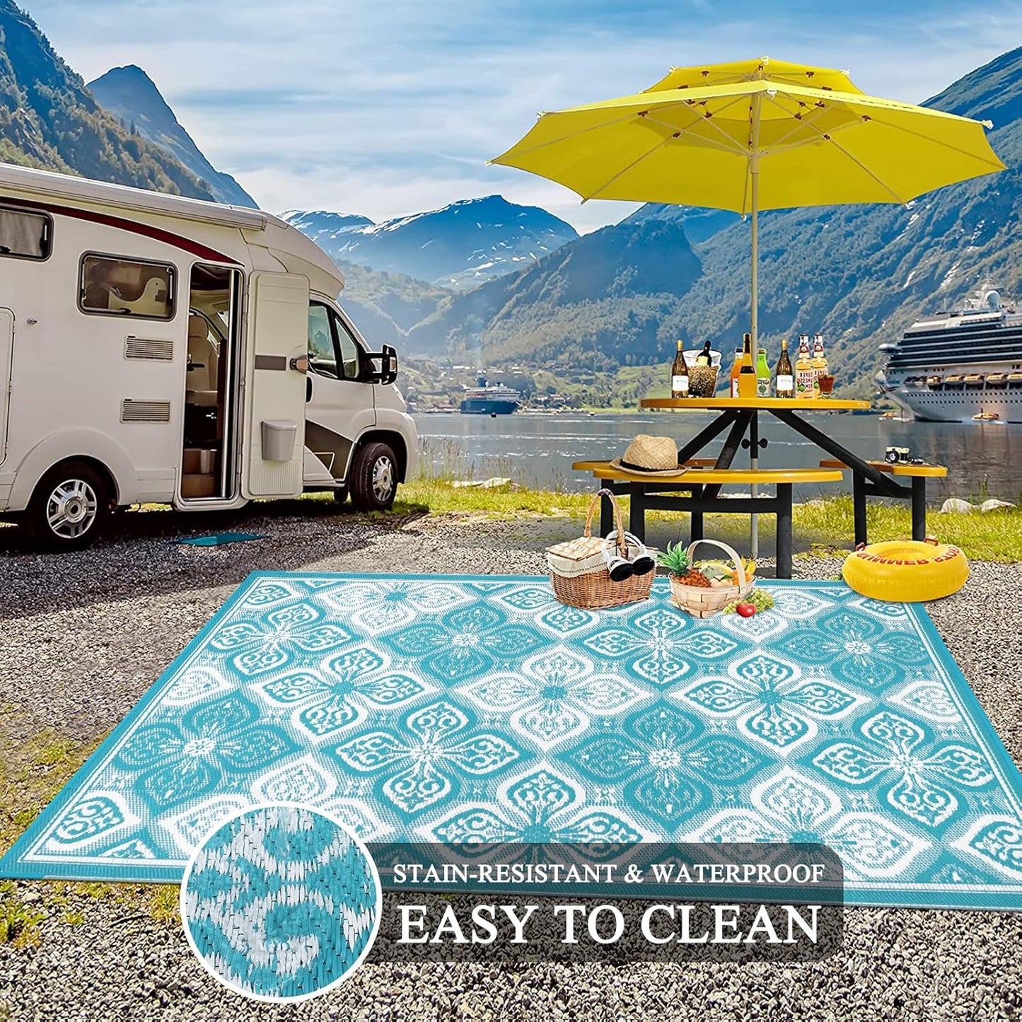 Pauwer Waterproof Outdoor Rug 6x9, Reversible Plastic Straw Patio Camping Rug, Indoor Outdoor RV Mat Carpet for Deck, Camper, Porch, Balcony, Backyard, Picnic, Clover Teal