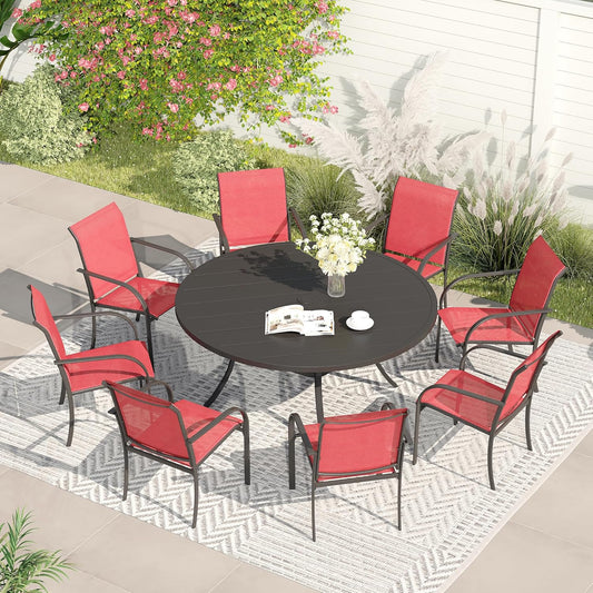 VICLLAX Patio Dining Set for 8, Outdoor Furniture Set Includes 53" Round Patio Table and 8 Patio Sling Chairs, Black Tabletop and Red Fabric