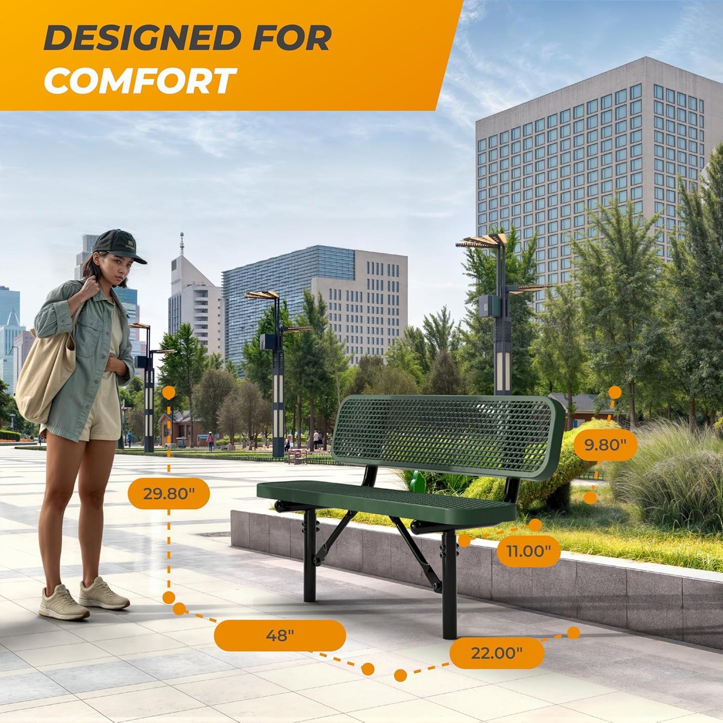 Heavy-Duty Outdoor Metal Bench, Thermoplastic-Coated, Inground, Weatherproof, Commercial-Grade for Parks, Gardens, Patios, Stores & More (4 Ft - Inground with Back, Green)