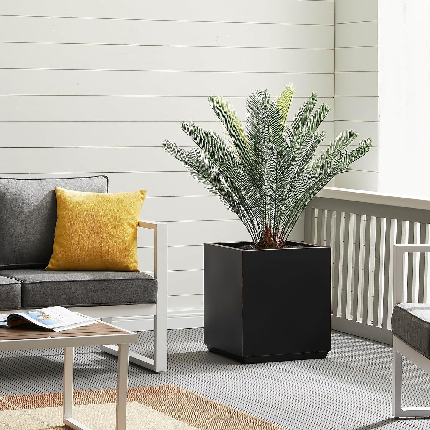 Metallic Heavy Cube Planter Box, No Assembly Required, Seamless Large Black Outdoor Planter 17”Lx17”Wx20”H 24Pounds Black with Hand Brushed Gold Rim