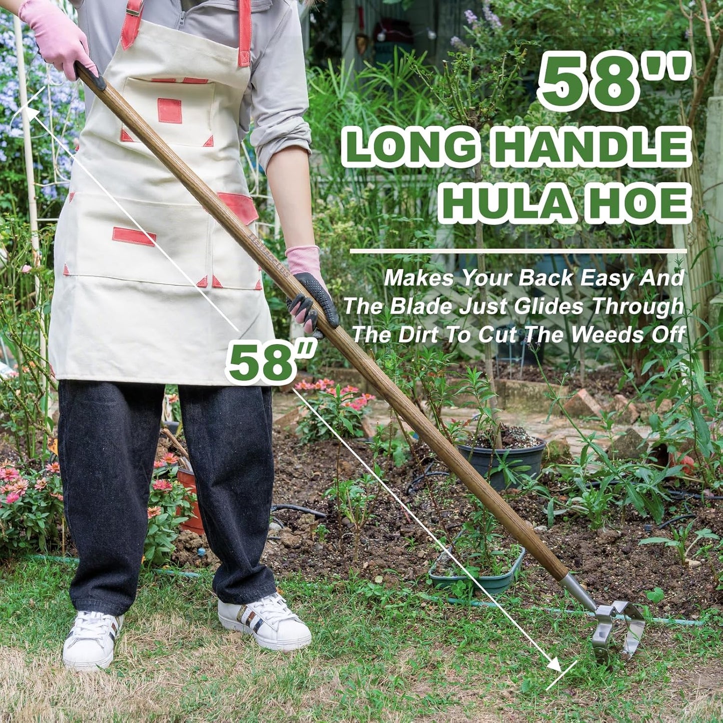 Haliaeetus Hula Hoe, 58'' Stainless Steel Stirrup Hoe, Action Hoe for Weeding in Push-Pull Motion, Scuffle Hoe with Comfortable Wood Long Handle for Standing to Weed on Flower Bed and Between Plants