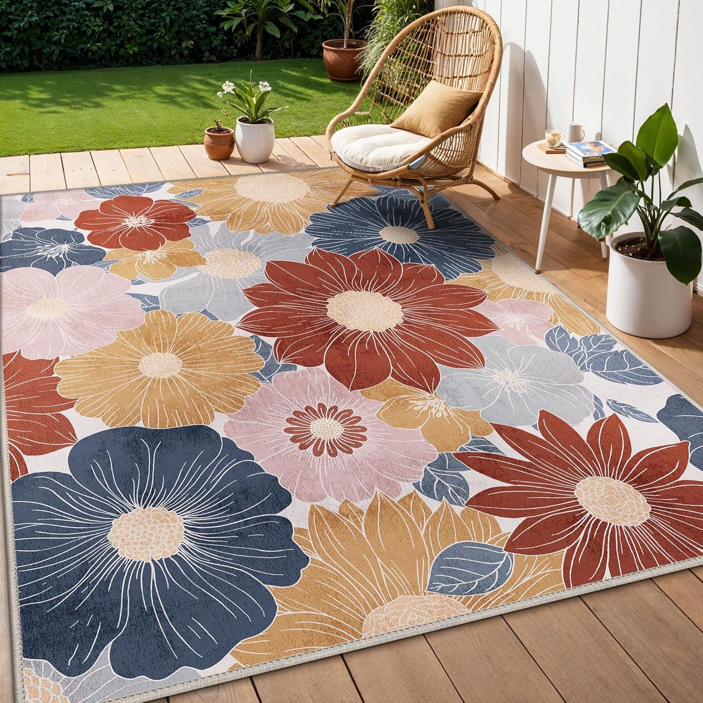 GENIMO Indoor Outdoor Area Rug 8' X 10' Waterproof, Washable Patio Rug Non Shedding, Easy Cleaning Floral Outdoor Carpet for Living Room, Bedroom, Dining Room, Balcony, Backyard, Deck, RV, Red Blue