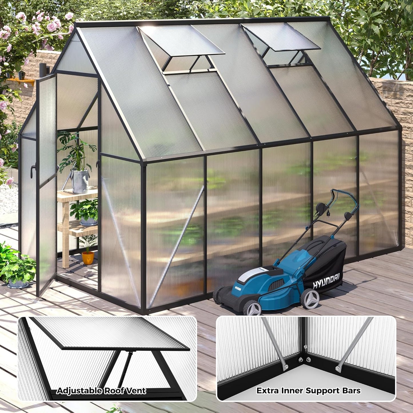 6x10 FT Greenhouse for Outdoors, Polycarbonate Greenhouse with Roof Vent, Enhanced Aluminum Large Walk-in Green House for Garden Backyard
