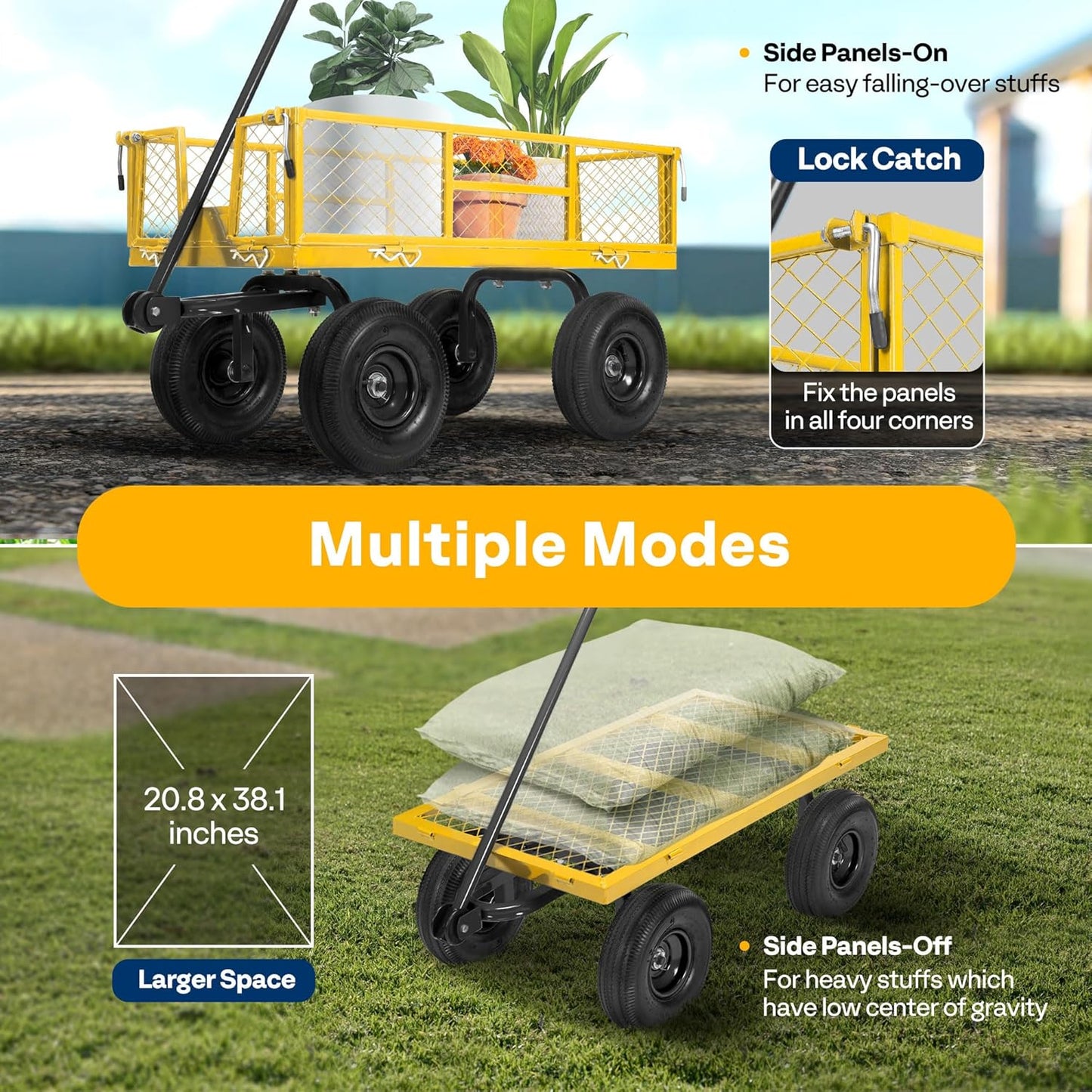 VIVOHOME Steel Garden Cart Heavy Duty 880 Lbs Capacity Folding Utility Wagon with Removable Sides and 10 inch Wheels (Yellow)