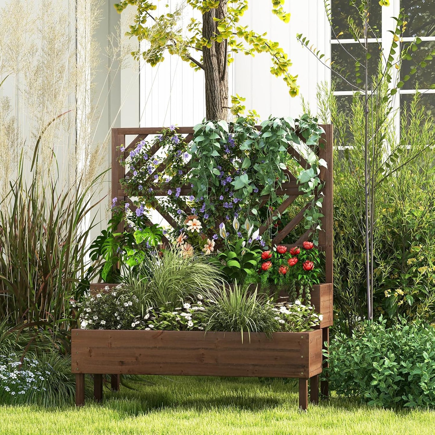 LDAILY Raised Garden Bed with Trellis & 2 Planter Boxes, 2-Tier Wooden Raised Bed with Bottom, Elevated Legs & 10 Drainage Holes, Gardening Planter Box for Flowers/Vegetables/Fruits in Backyard Patio