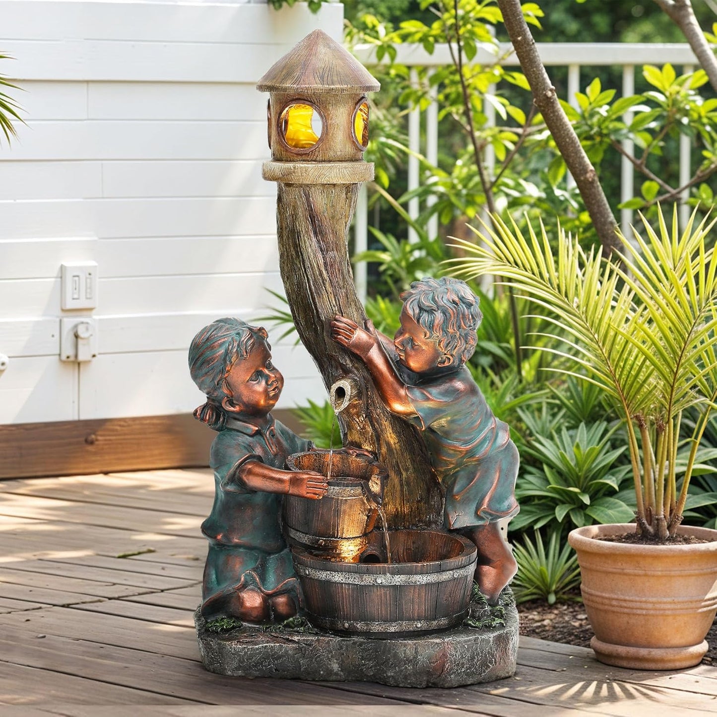 31" Resin Outdoor Water Fountain with LED Lights, Boy and Girl, Pagoda and Wood Barrel Garden Fountain, 3-Tier Cascading Waterfall for Tranquil Backyard, Patio or Porch, Faux Bronze Finish