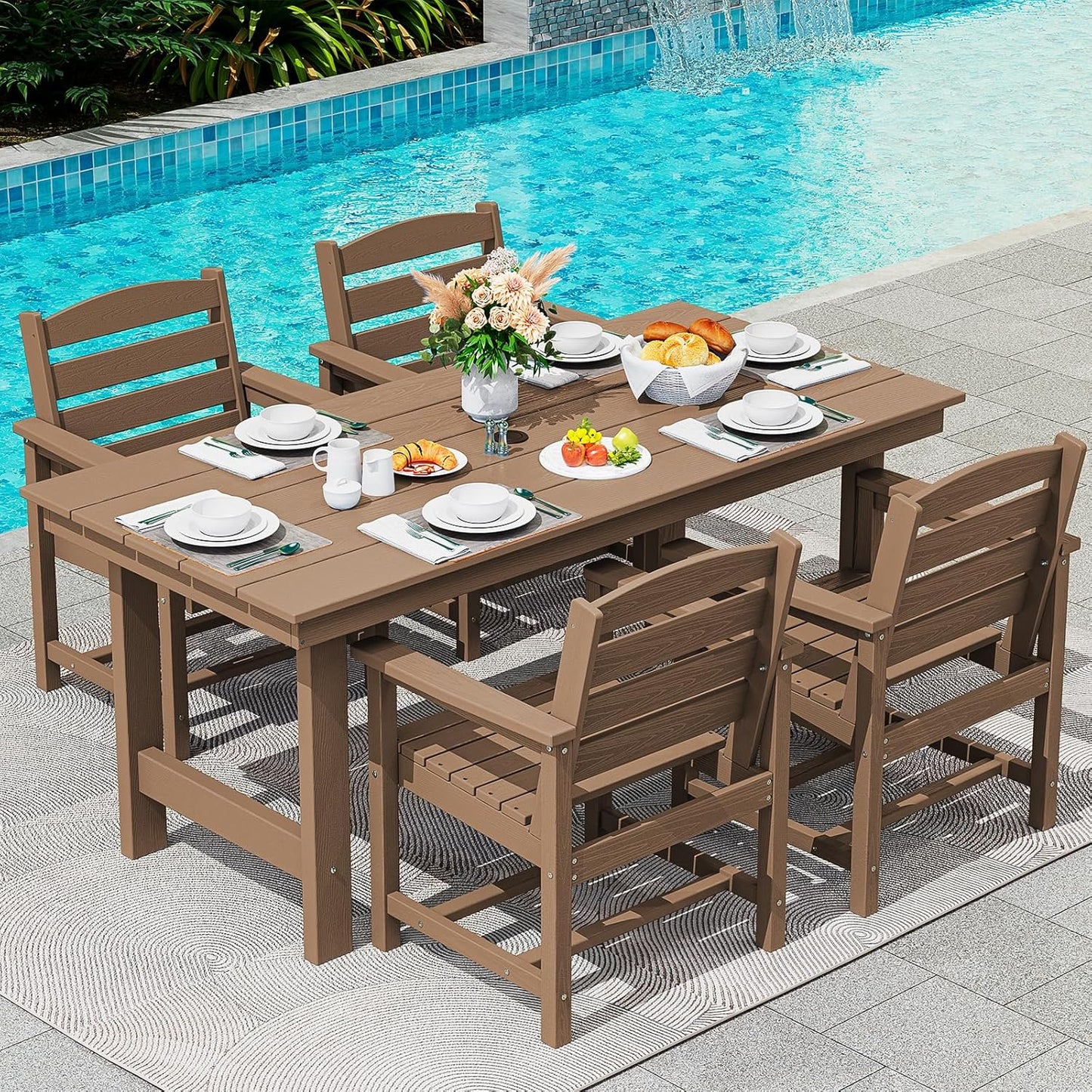 SERWALL 6-Person Outdoor Dining Table - 67" Rectangle HDPE Patio Table with Center Umbrella Hole, Weatherproof, Brown