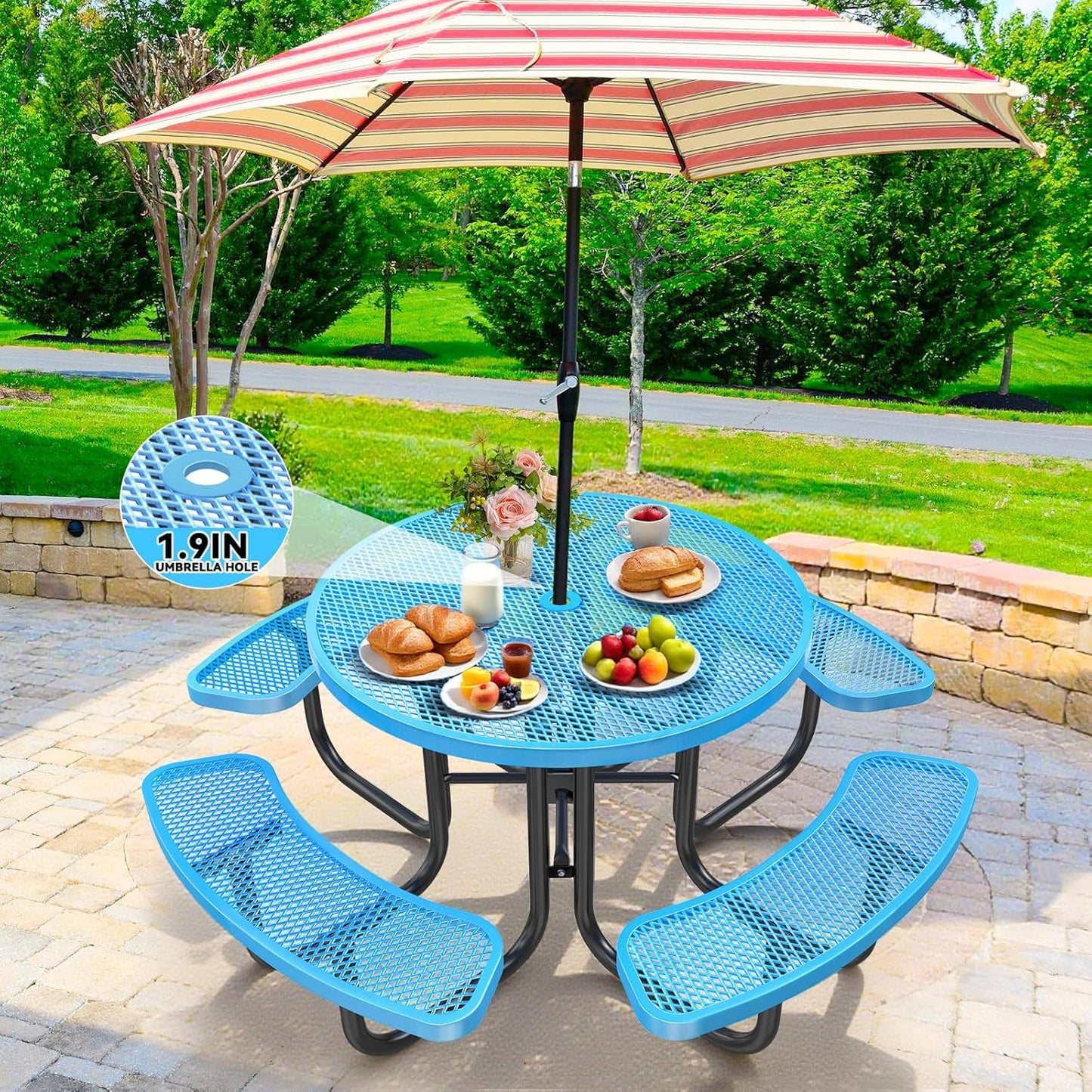 Heavy-Duty Park Bench or Table for Outside - Black Coated Outdoor Furniture Steel Bench, Commercial-Grade Outdoor Benches Weatherproof for Park, Patio, Porch (Blue, 46” (Rd. Table))