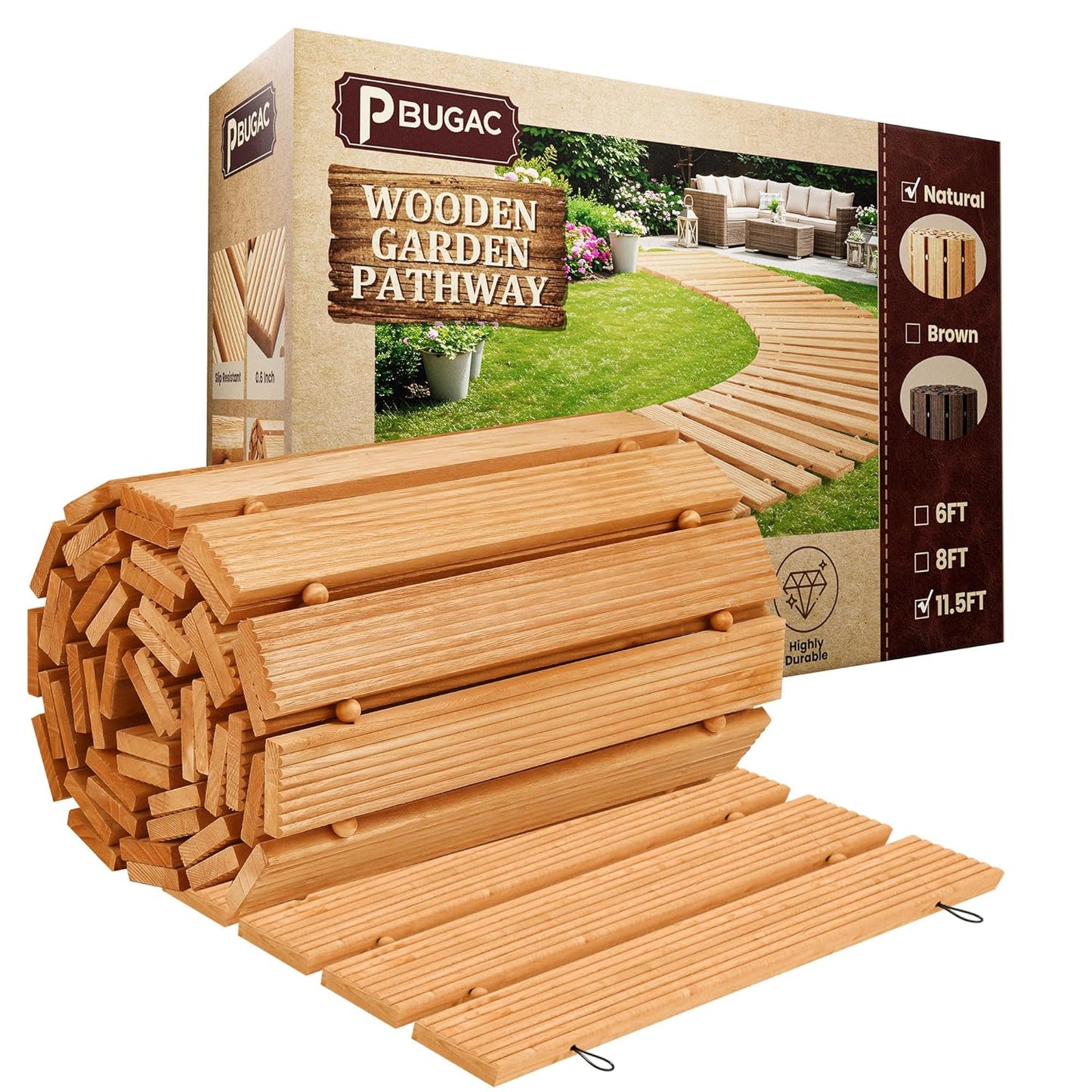 11.5FT Wooden Garden Pathway, Roll Out Walkway for Patio, Backyard and Outdoor Decor, Weatherproof, Non Slip and Easy to Install, Perfect for Beach, Wedding or Lawn (Natural)