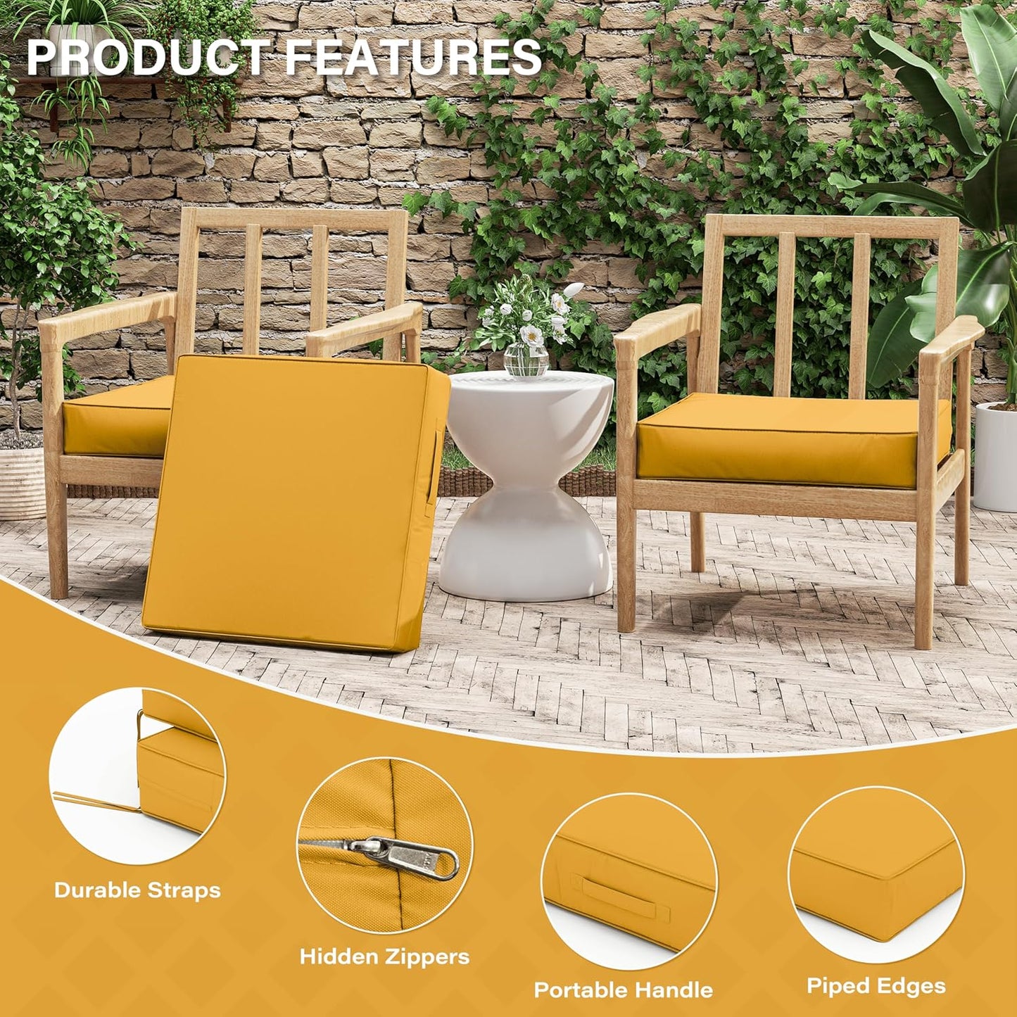 Patio Chair Cushions 22 X 22 X 4 Inch Waterproof Outdoor Seat Cushions for Patio Furniture, Outdoor Sofa Couch Pads with Ties & Handle, Set of 2, Yellow