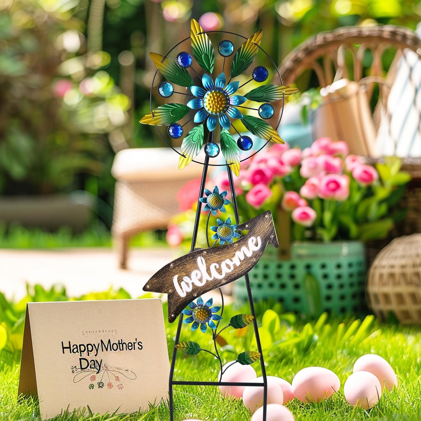 TERESA'S COLLECTIONS Hummingbird Garden Solar Stake, Wind Spinner Yard Art Sign for Outdoor Decor, Metal Purple Floral Windmill Decorative Garden Stake for Lawn Ornaments, Gifts for Mom, 26''