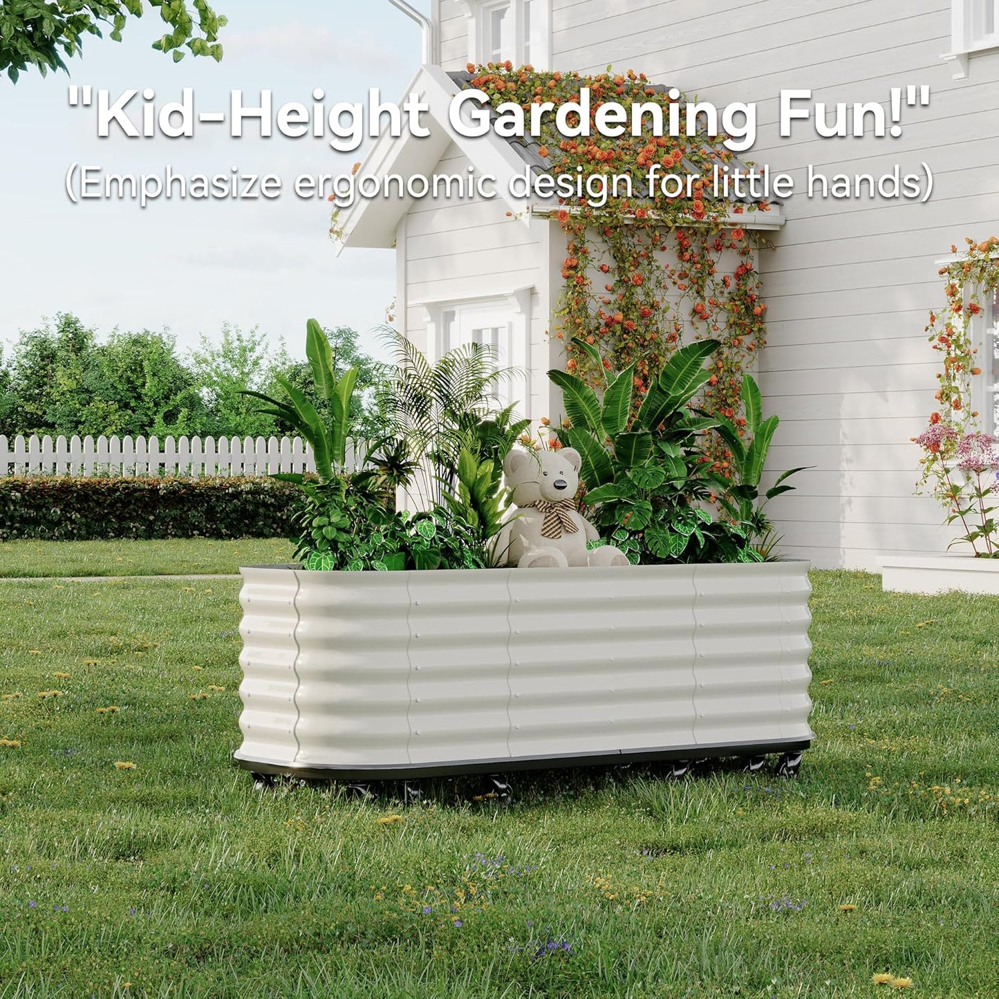 95x24x20in Galvanized Raised Garden Bed with Wheels & Water Reservoir – Durable Outdoor Planter Box, Elevated Raised Beds for Gardening, Portable Garden Box for Indoor/Outdoor Plants,White