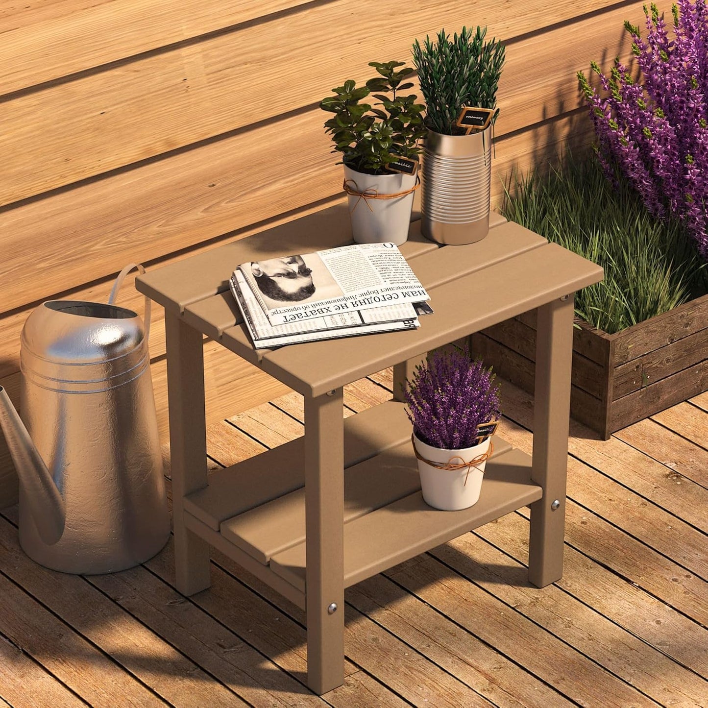 Outdoor Side Table, 2-Tier Adirondack Storage Patio Side Table, Weather Resistant Patio End Table for Backyard & Pool, Durable HDPE Small Outdoor Table, Brown