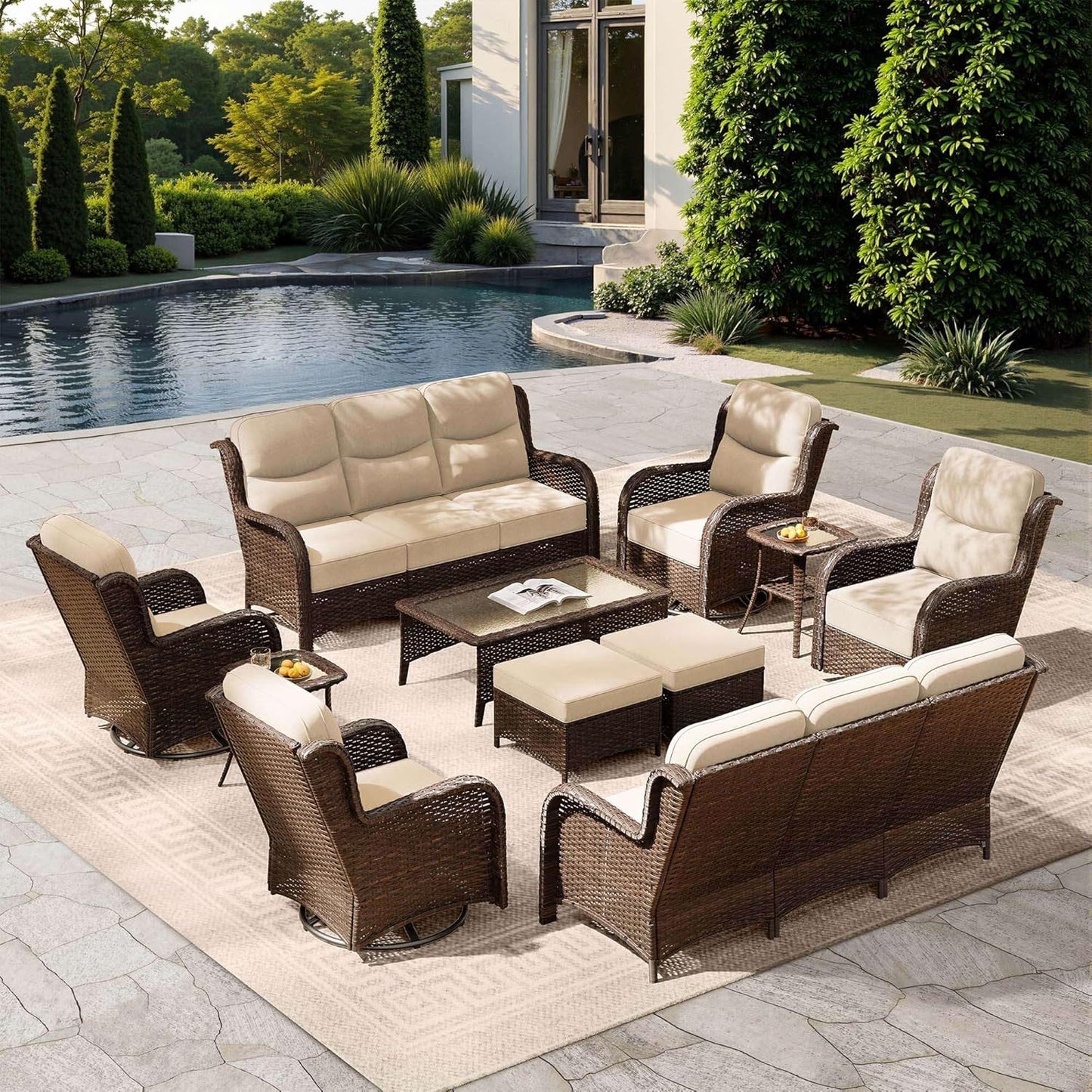 HILLGA Luxury Patio Furniture Set with 6-Inch Thick Cushions, High Back Outdoor Swivel Rocker Chairs and Patio Couch, 11-Piece All Weather Conversation Set for Porch Deck Pool Yard, Beige (V3)