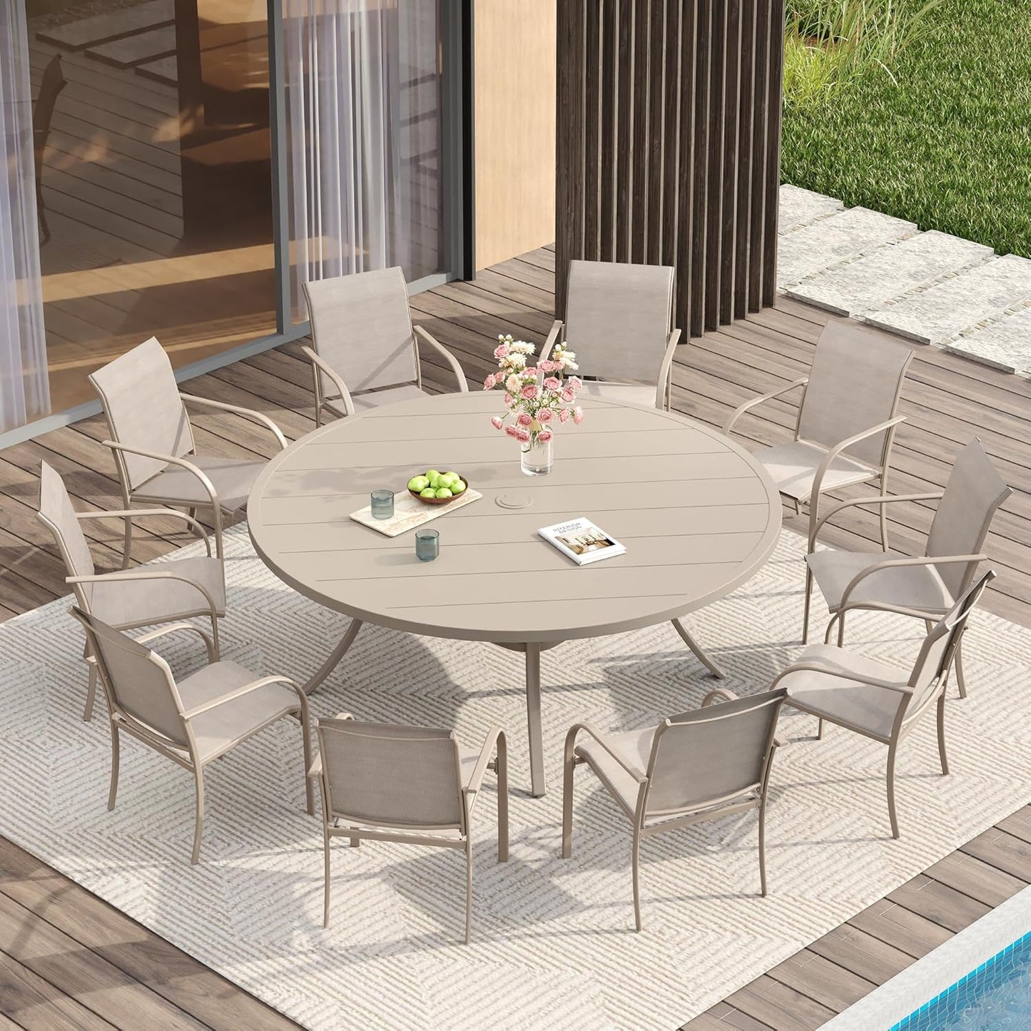VICLLAX 11 Pieces Patio Dining Set for 10, Outdoor Furniture Set Includes 60" Round Outdoor Table and 10 Lawn Stackable Chairs, Sandshell Color Tabletop and Fabric