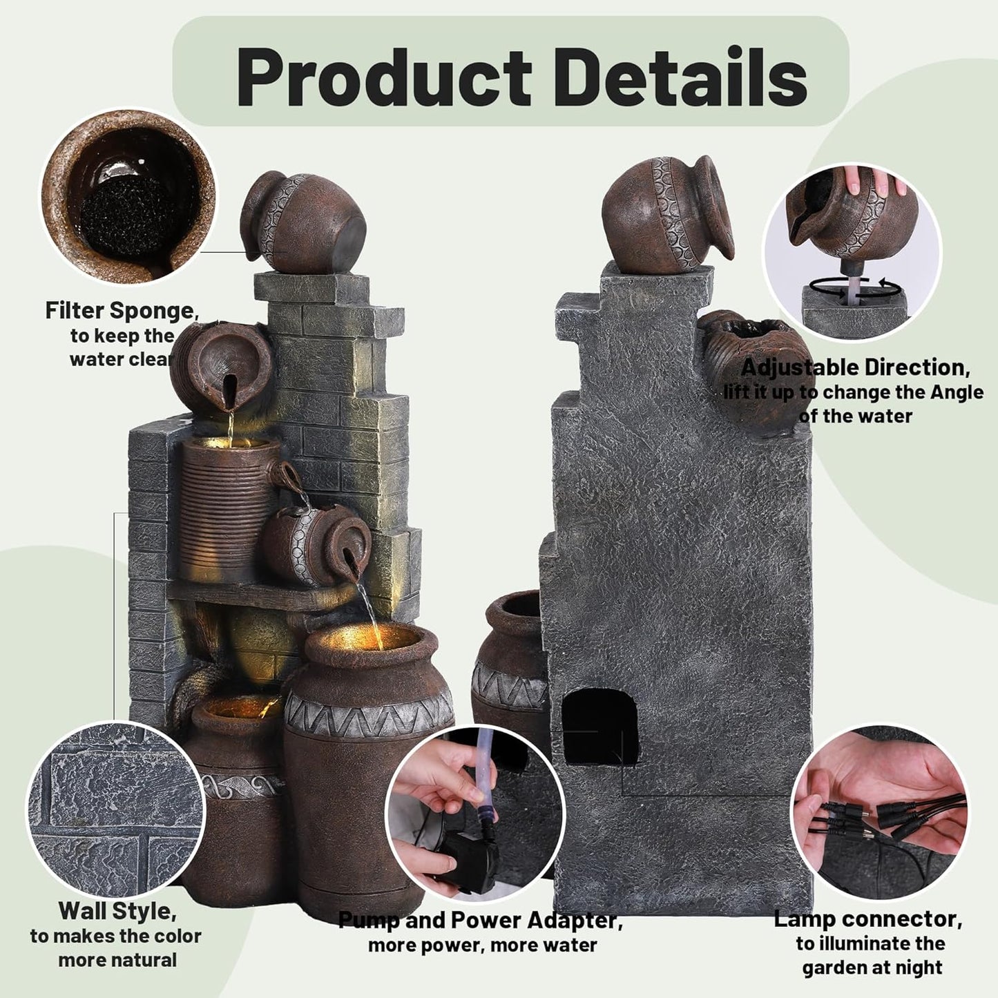 6-Tiers Garden Waterfall Fountain Outdoor - 40''H Water Fountains and Waterfalls, Large Outdoor/Indoor Floor Standing Resin Water Fountain with LED Light for Patio, Garden and Home (Grey)