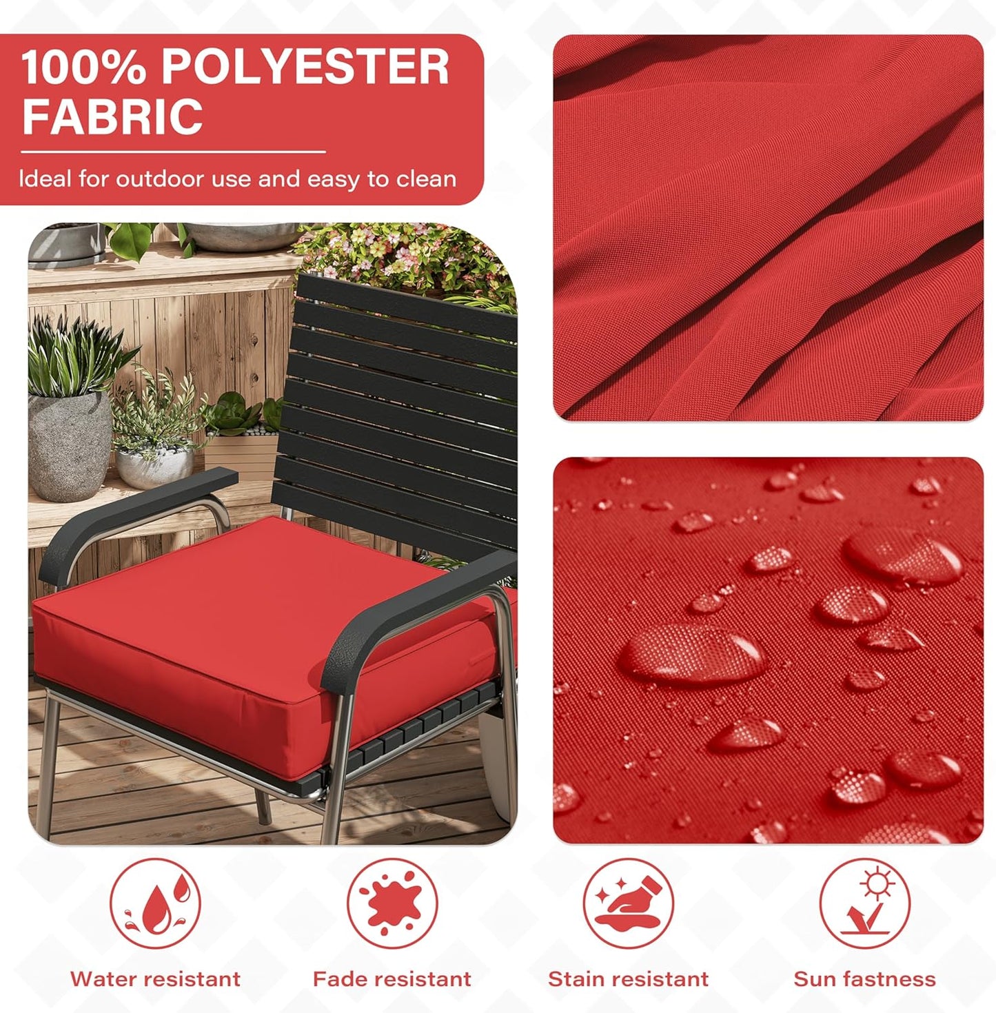 Patio Chair Cushions 24 X 24 X 5 Inch Waterproof Outdoor Seat Cushions for Patio Furniture, Outdoor Sofa Couch Pads with Ties & Handle, Set of 2, Red