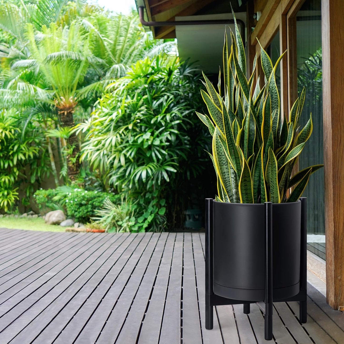 D'vine Dev Planter Pot with Stand - 16 Inch Plastic Cylinder Flower Pot with Wood Planter Holder for Indoor, Matte Black Pot + Ebony Stand, 55-C-Z-2