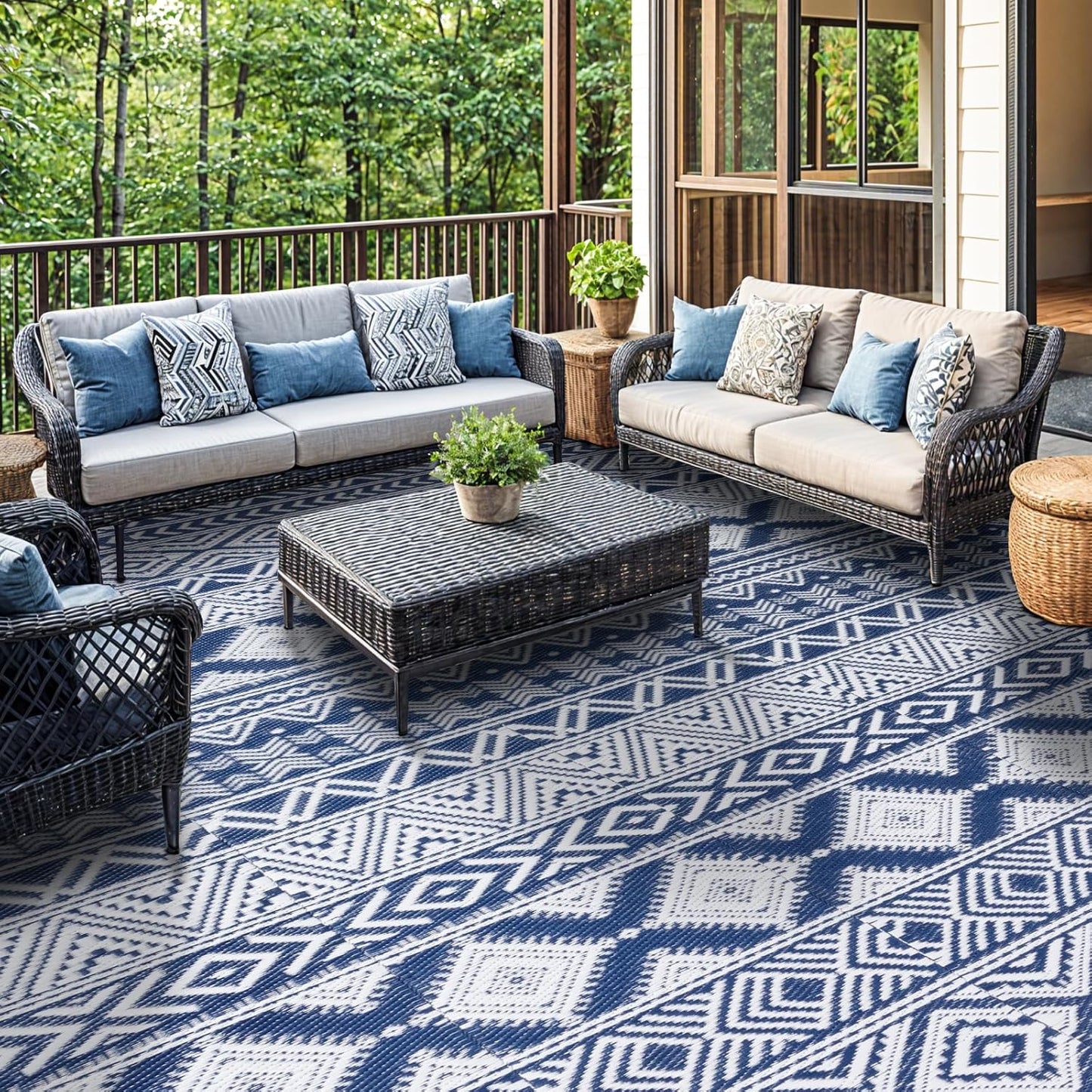 8'x10' Reversible Outdoor Rug - Eco-Friendly Plastic Straw Rug-Heavy-Duty Waterproof Mat, UV & Fade Resistant for Patio, Camping, RV, Deck, Balcony(8x10,Blue&White)