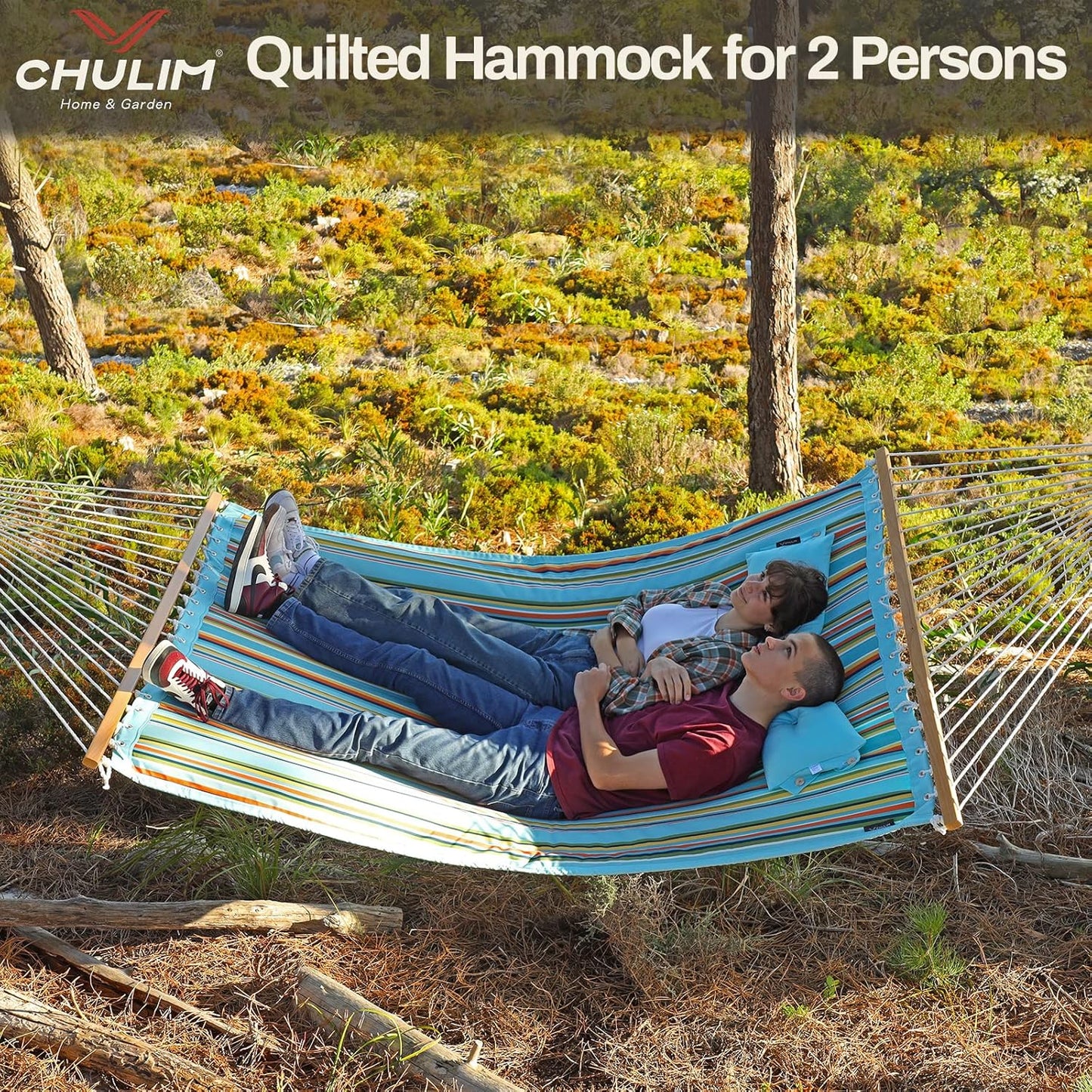 12 FT Double Quilted Fabric Hammock with Spreader Bars and Pillow 450 LBS Weight Capacity 2 Person Hammock for Outdoor Patio Backyard Poolside