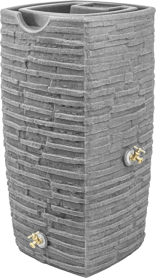 Good Ideas Impressions Riverwalk Rain Water Collection Barrel, Dark Granite, 50 Gallon - Faux Slate Rock Rainwater Catcher, Plastic Storage Drum with Dual Robust Metal Spigots & Fine Mesh Screen