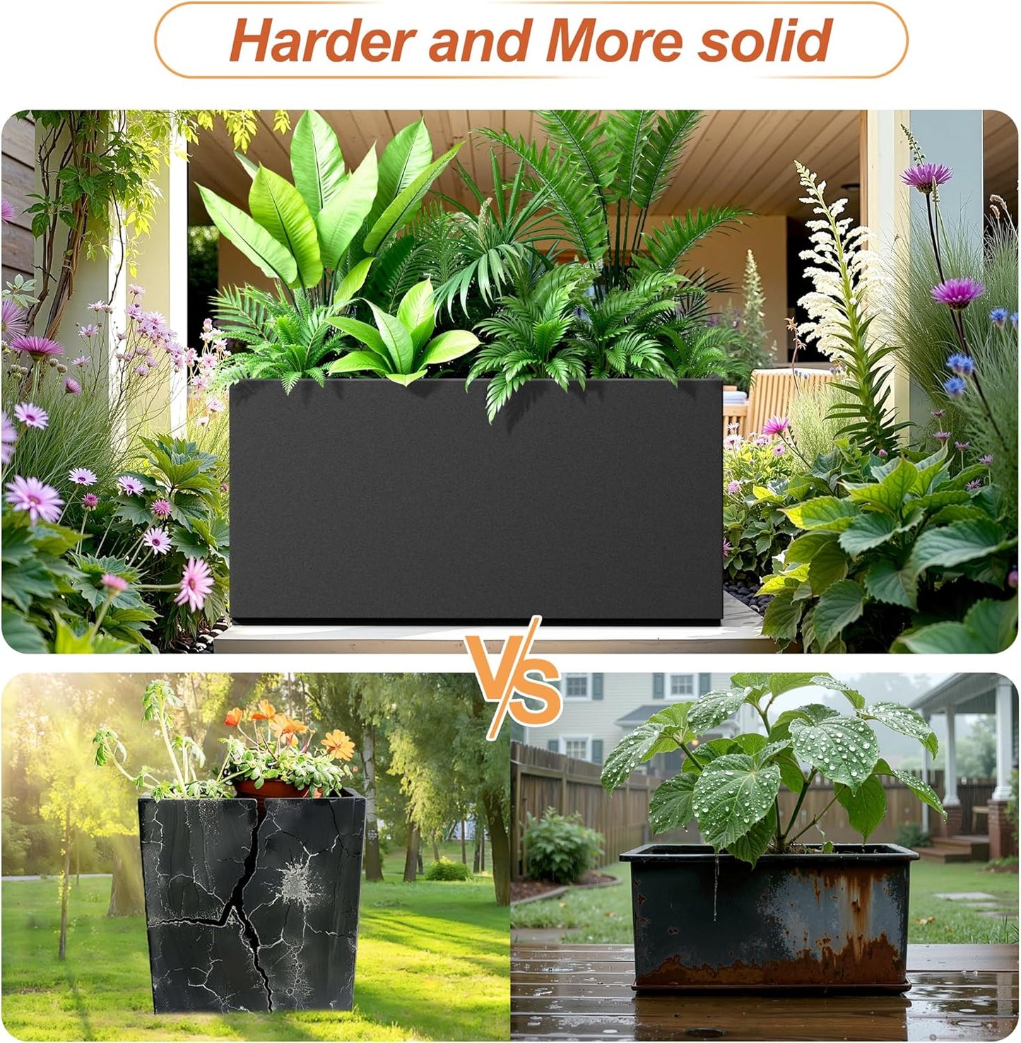 Metal Rectangular Planter for Outdoor Plants, Coated Large Planter Box with Drainage, Outdoor Patio PLanters with Sturdy Thickened Material for Yard, Garden