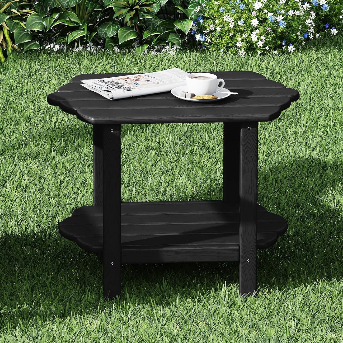Small Outdoor Side Tables Modern 2-Tier Adirondack Table Rustic End Table HDPE Storage Shelf Industrial Corner Rectangle Coffee Table for Patio Garden Balcony Backyard Pool Farmhouse Home Black