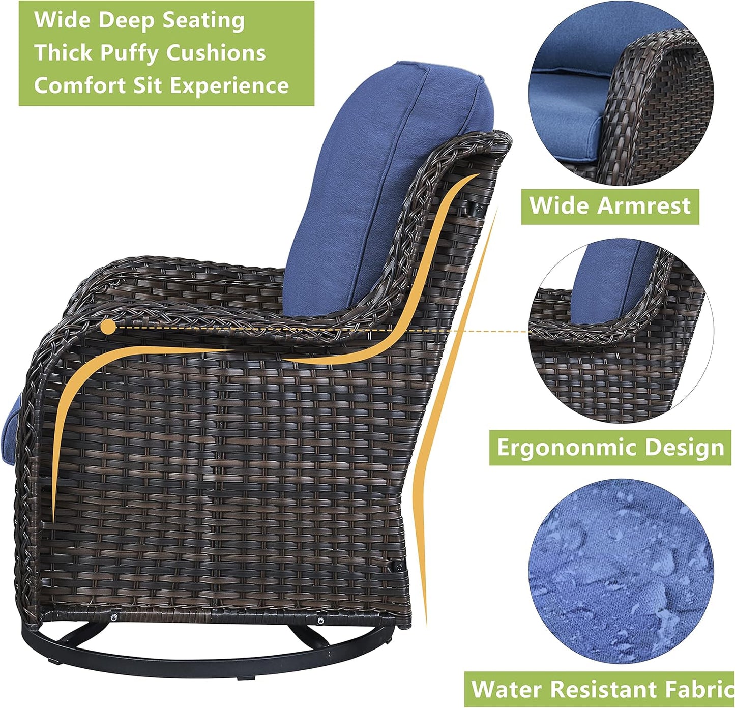 Outdoor Wicker Patio Furniture Set - 5 Pieces Rattan Patio Conversation Set with 2 Rocking Swivel Chairs,2 Ottomans and 1 Side Table for Porch Deck Backyard Garden(Brown/Blue)